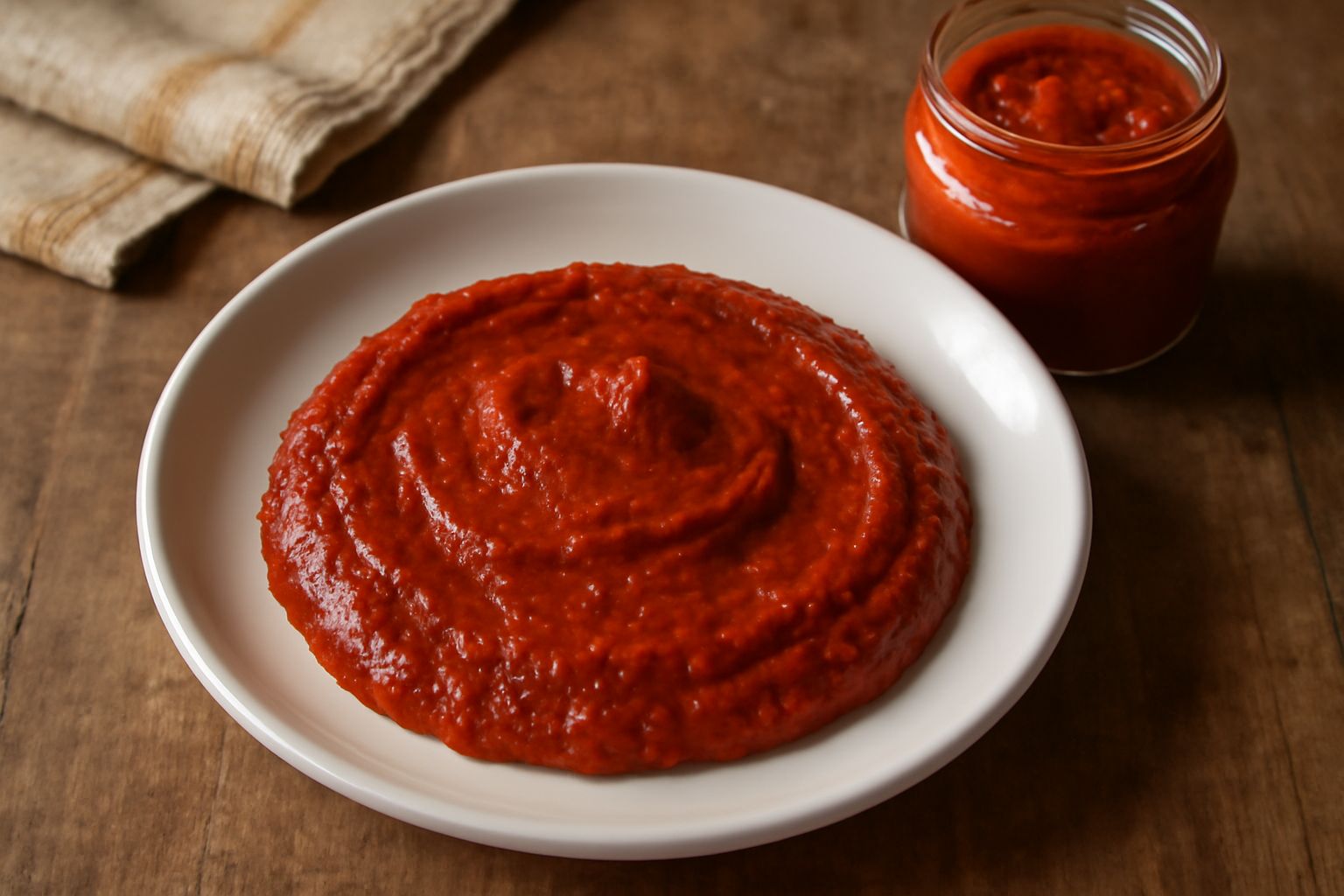 'Nduja rossa e cremosa dentro un vasetto di vetro trasparente, con superficie liscia e colore rosso scuro uniforme, circondata da barattoli vuoti sterilizzati e peperoncini freschi rossi
