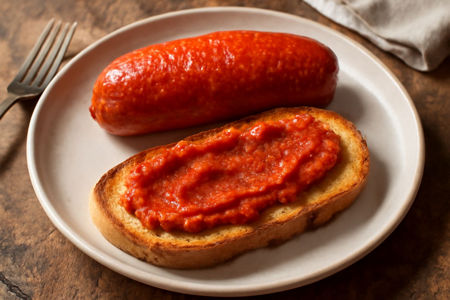 'Nduja cremosa di colore rosso scuro su fetta di pane tostato bianco, con una coltellata morbida che mostra la consistenza pastosa e uniforme dell'insaccato, su piatto bianco