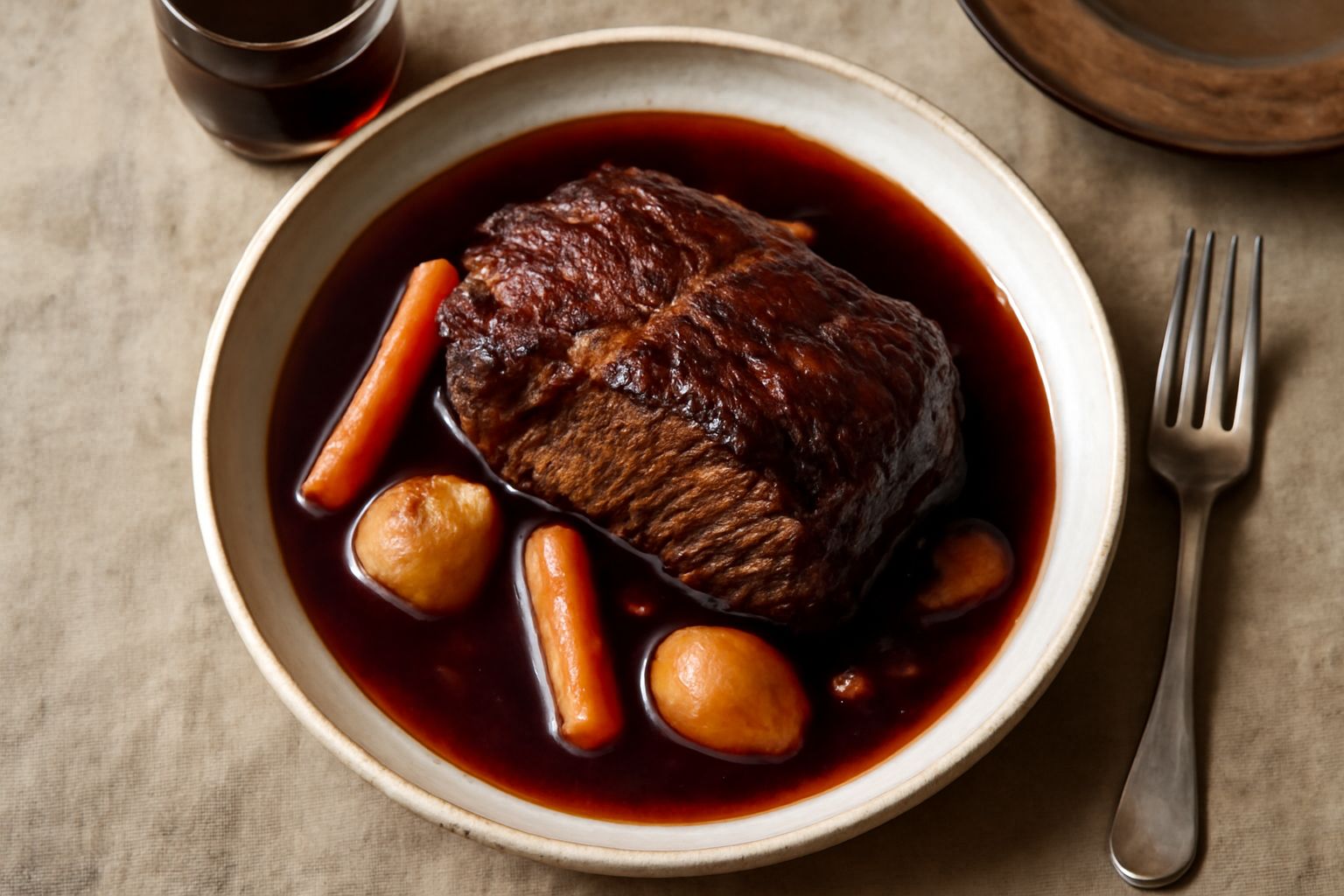 Bicchiere di vino Nebbiolo rosso scuro accanto a una pentola di braisato di manzo con verdure e rosmarino, vapore che sale dal piatto fumante