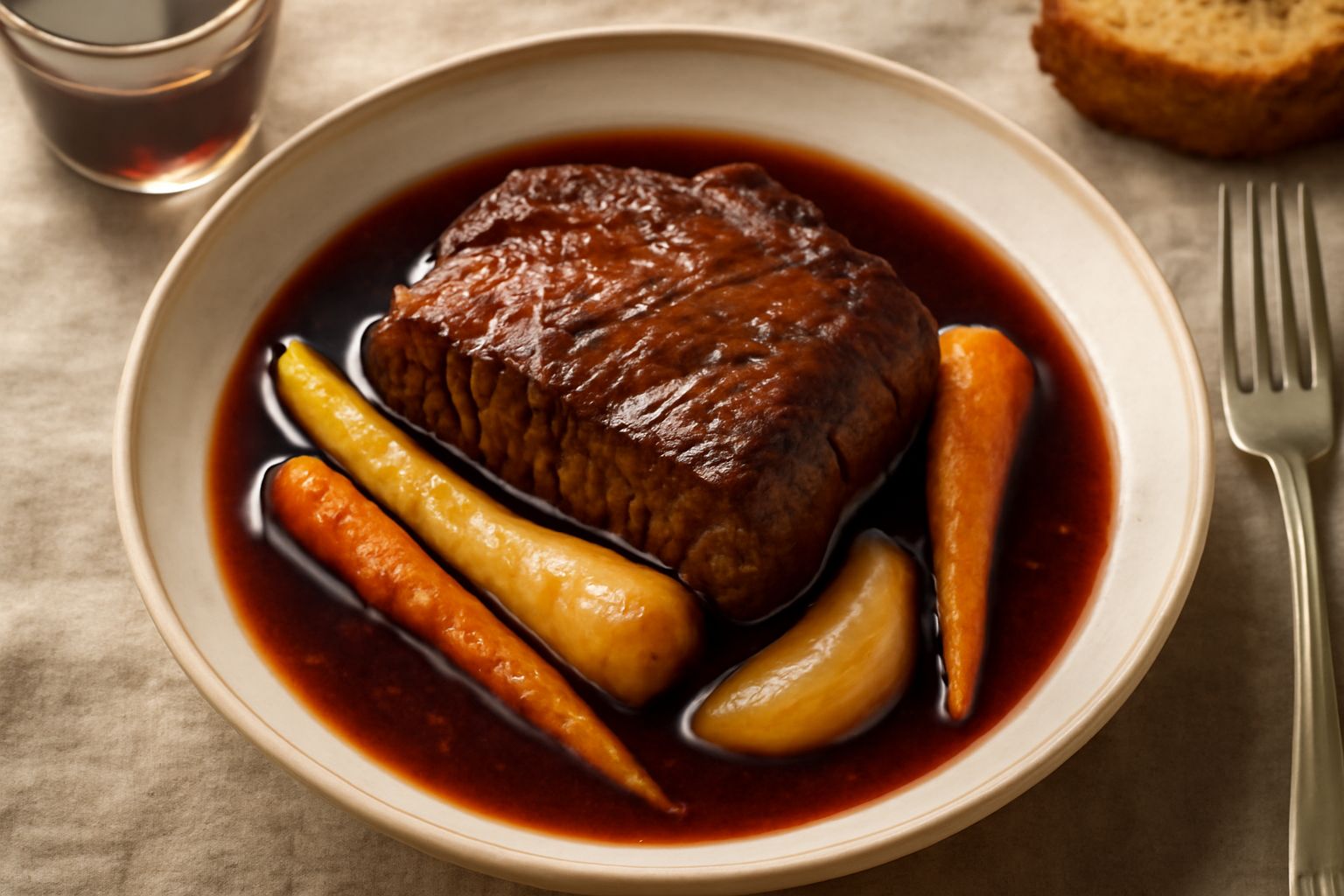 Bicchiere di vino Nebbiolo rosso scuro accanto a una pentola di braisato di manzo con verdure e rosmarino, vapore che sale dal piatto fumante
