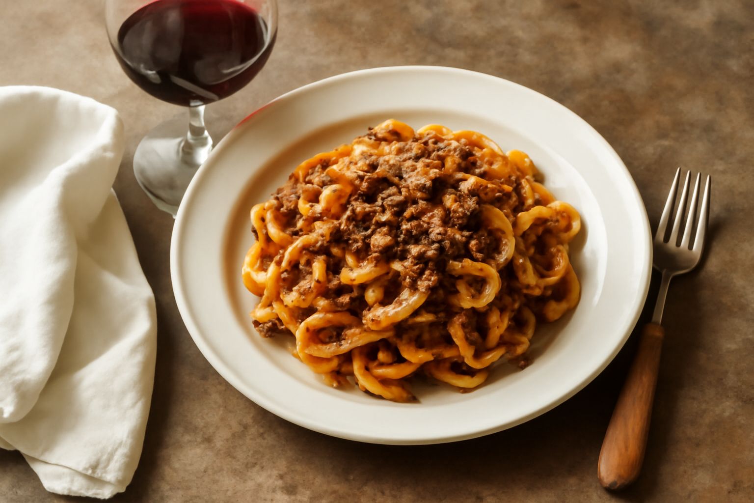 Calice di vino rosso Nebbiolo d'Alba colore granato con riflessi trasparenti, accanto a una bottiglia verde scuro poggiata su una tavola in legno marrone con sfondo di colline nebbiose