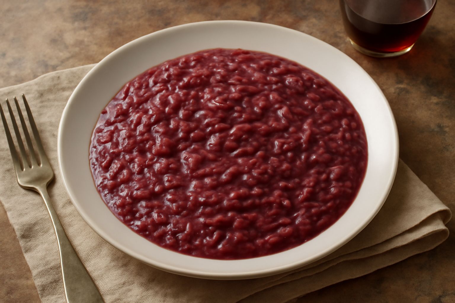 Risotto cremoso color bordeaux con vino rosso, servito in piatto bianco fondo con cucchiaio di legno, grana grattugiata in cima e brodo caldo in sottofondo
