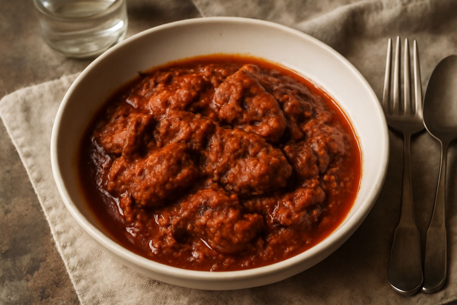 Tegame di terracotta con ragù di agnello di colore marrone scuro, pezzi di carne teneri, pomodori ridotti a sugo denso, guarnito con prezzemolo fresco verde, servito su piatto bianco in primo piano