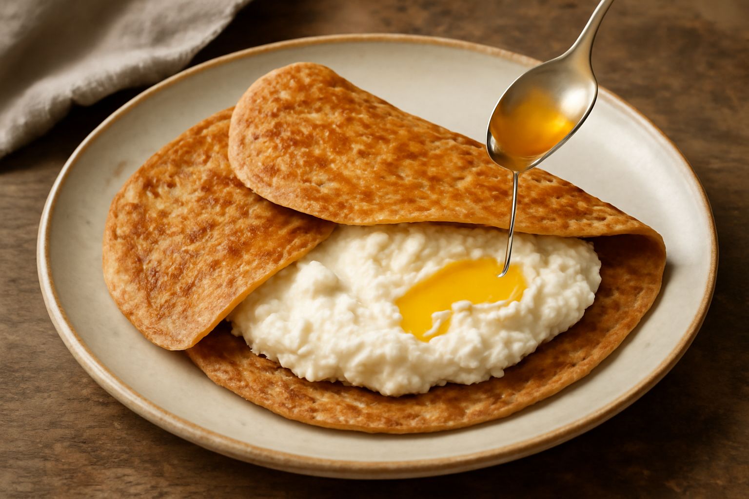 Necci dorati e croccanti su un piatto bianco, aperti mostrando la ricotta cremosa all'interno, guarniti con miele che scende ai lati, con una tazza di caffè sfocata sullo sfondo