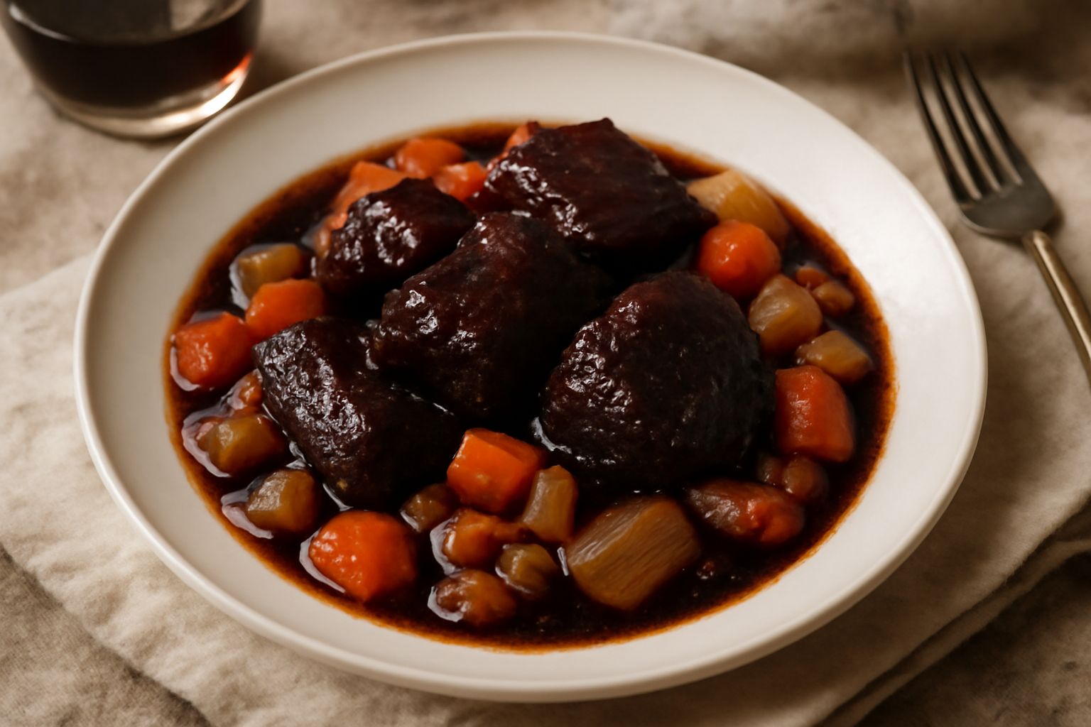 Piatto di maiale brasato nel Negroamaro rosso scuro, circondato da verdure grigliate e patate, su fondo bianco con bicchiere di vino rosso sfumato a lato