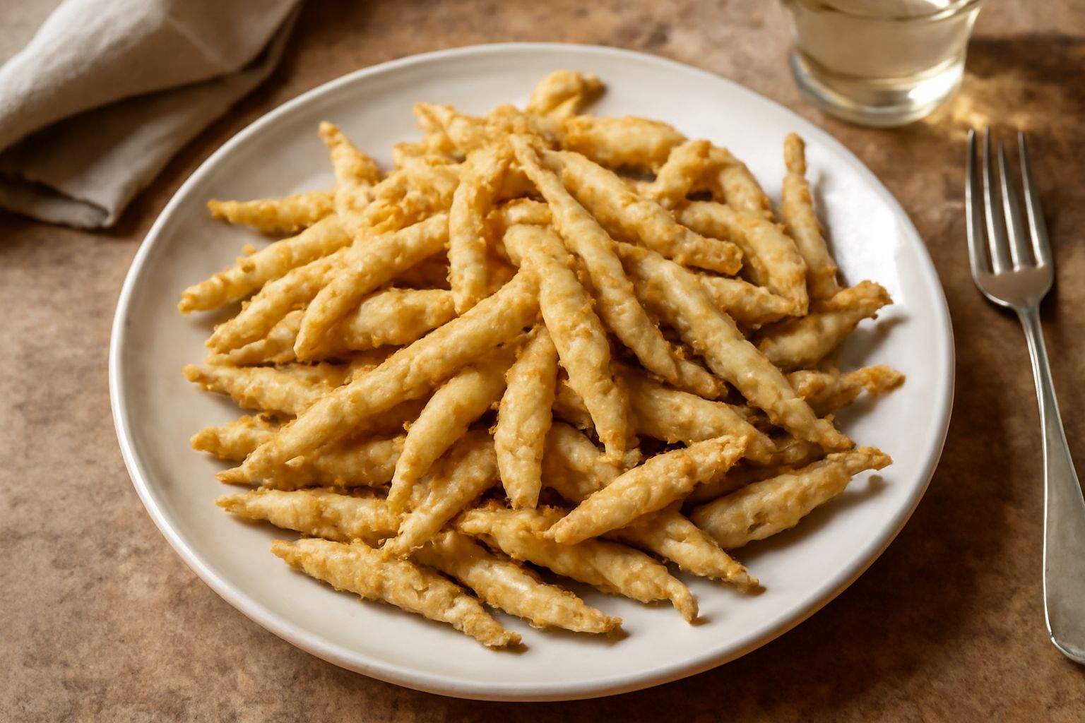 Piccoli pesci fritti color oro scuro disposti su carta assorbente bianca, accanto a limone tagliato a spicchi e sale grosso