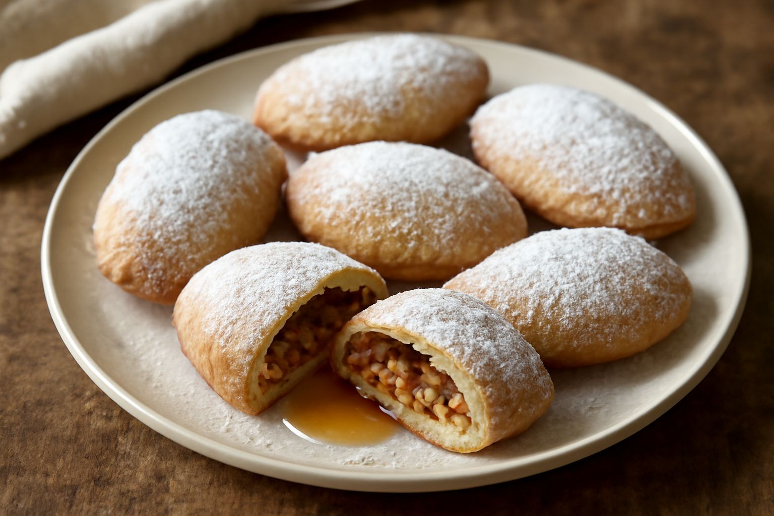 Nepitelle dorate su piatto bianco, ricoperte di zucchero a velo, con filo di miele che fuoriesce dal ripieno, contorno di noci frantumate e cannella in polvere