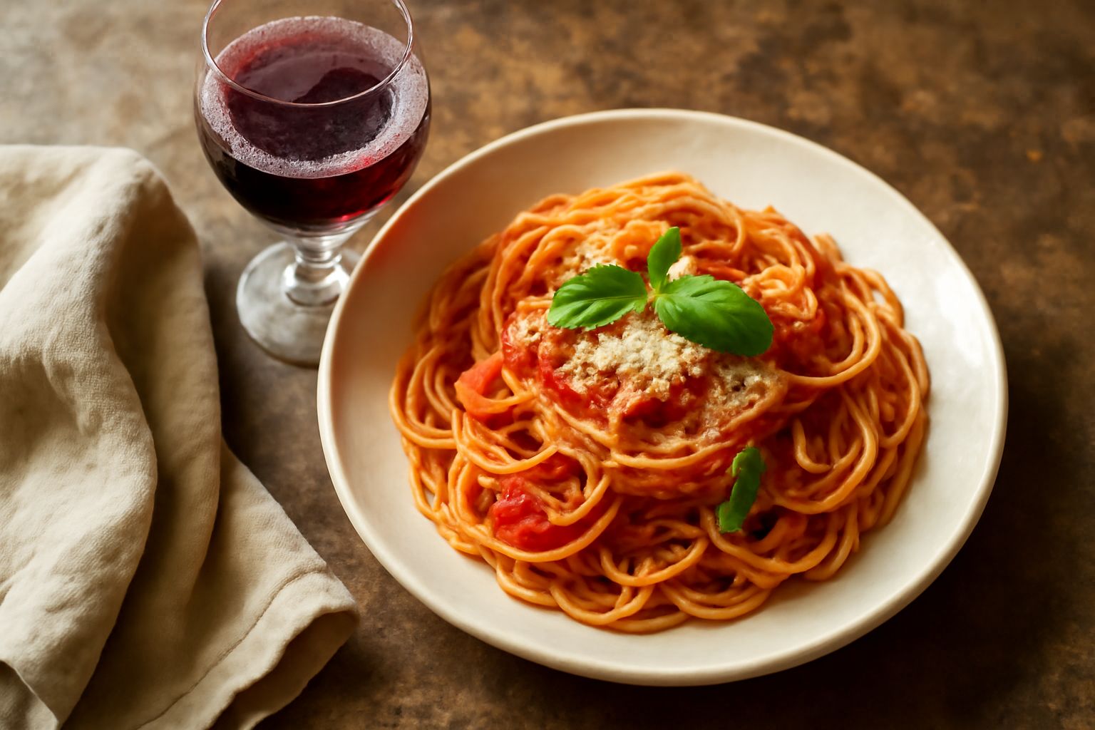 Calice di vino Nerello Mascalese rosso rubino con riflessi granata, accanto a bottiglia e grappolo d'uva, tavolo in legno con luce naturale