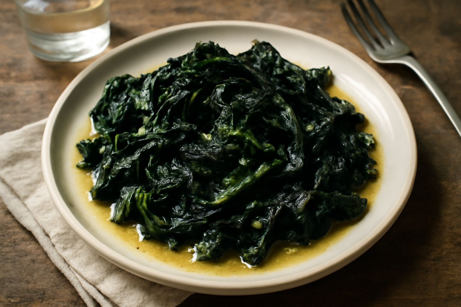 Cavolo Nero Buono di Cori fresco appena colto, foglie lunghe verde scuro ondulate, cotto in padella con aglio e olio d'oliva dorato, impiattato in ciotola bianca con filo d'olio crudo a vista