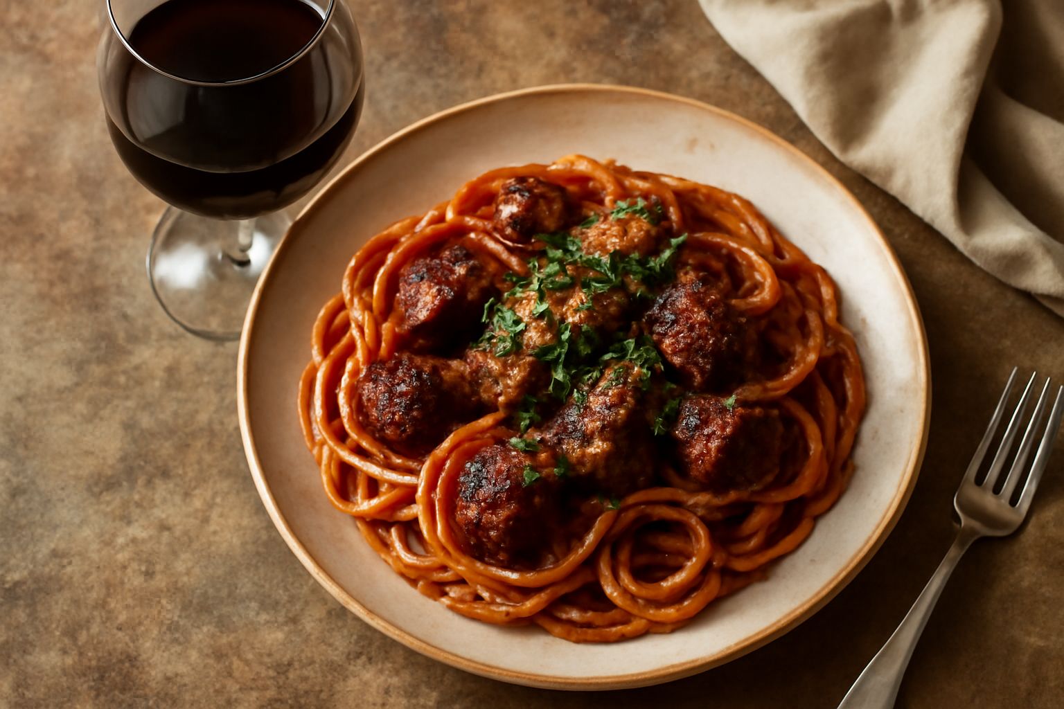 Bicchiere di vino nero d'avola di colore rosso scuro profondo, con riflessi granati, accanto a una bottiglia in vetro scuro e una ciotola di carni cotte in umido di colore marrone intenso