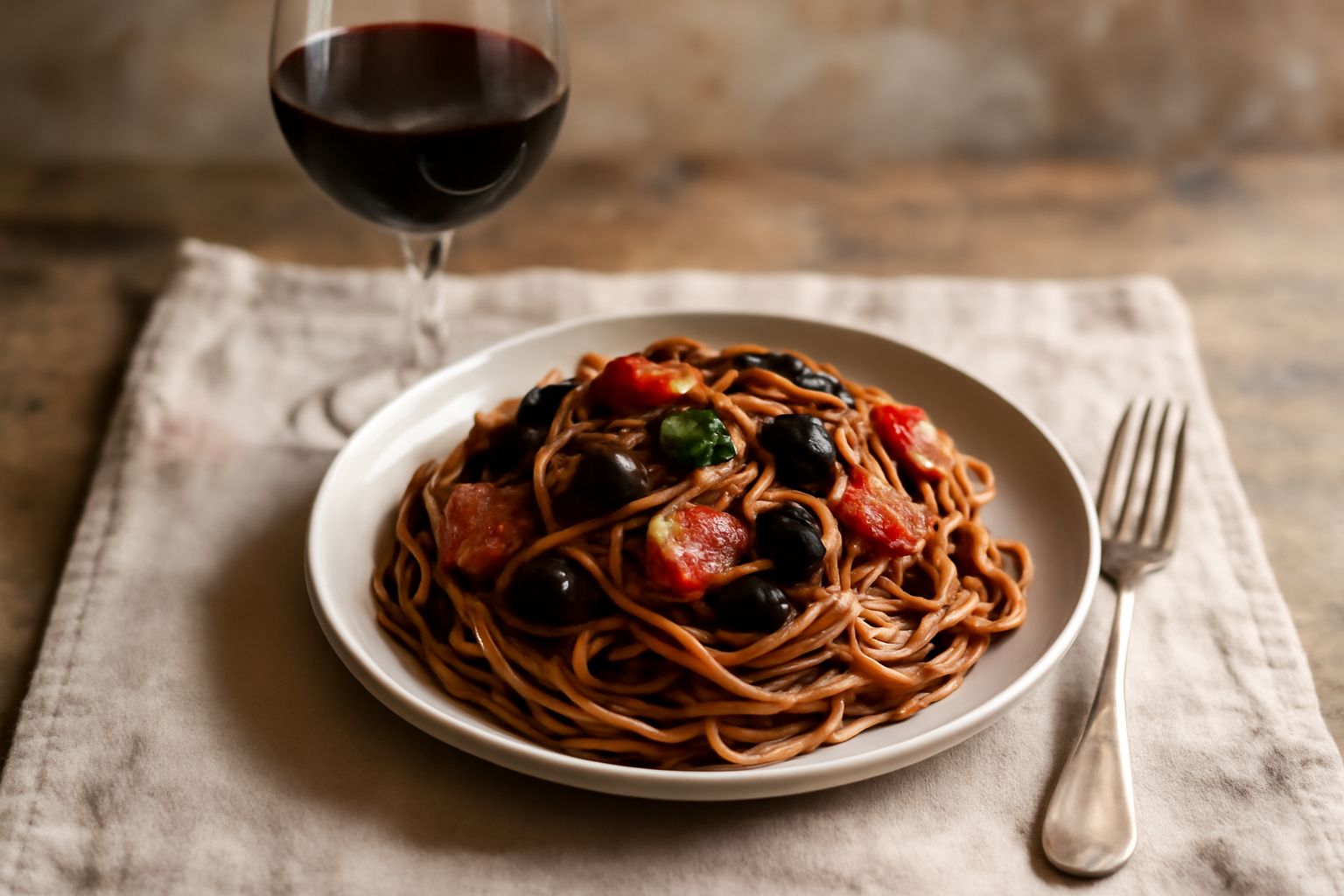 Calice di vino Nero d'Avola dal colore rosso rubino scuro, riflessi trasparenti al bordo, servito con piatto di pasta al ragù e formaggio grattugiato sullo sfondo sfocato