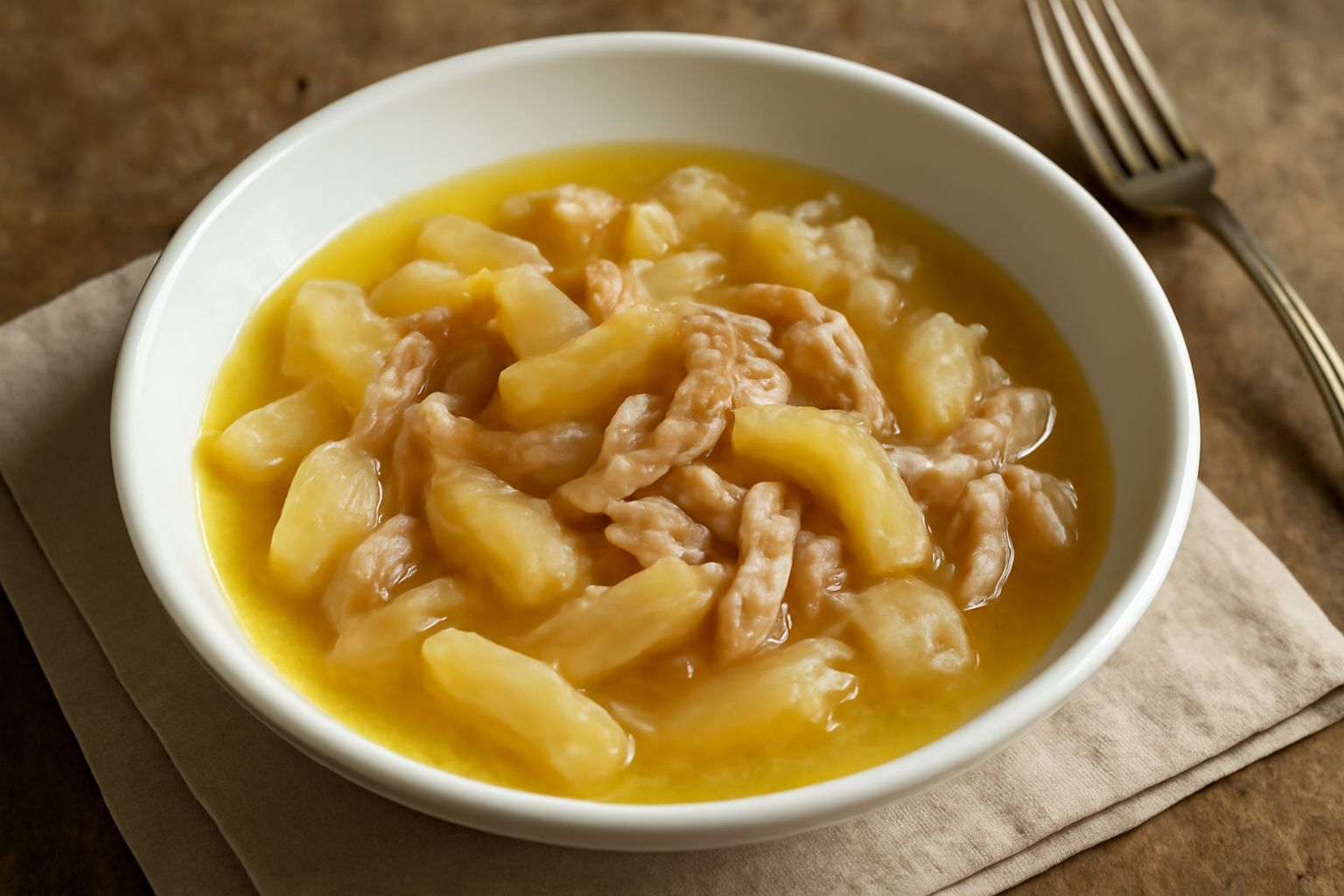 Ciotola bianca con nervetti tiepidi in brodo giallastro trasparente, pezzi di cartilagine e carne visibili, guarniti da prezzemolo fresco tritato e grani di pepe nero, cucchiaio di metallo accanto