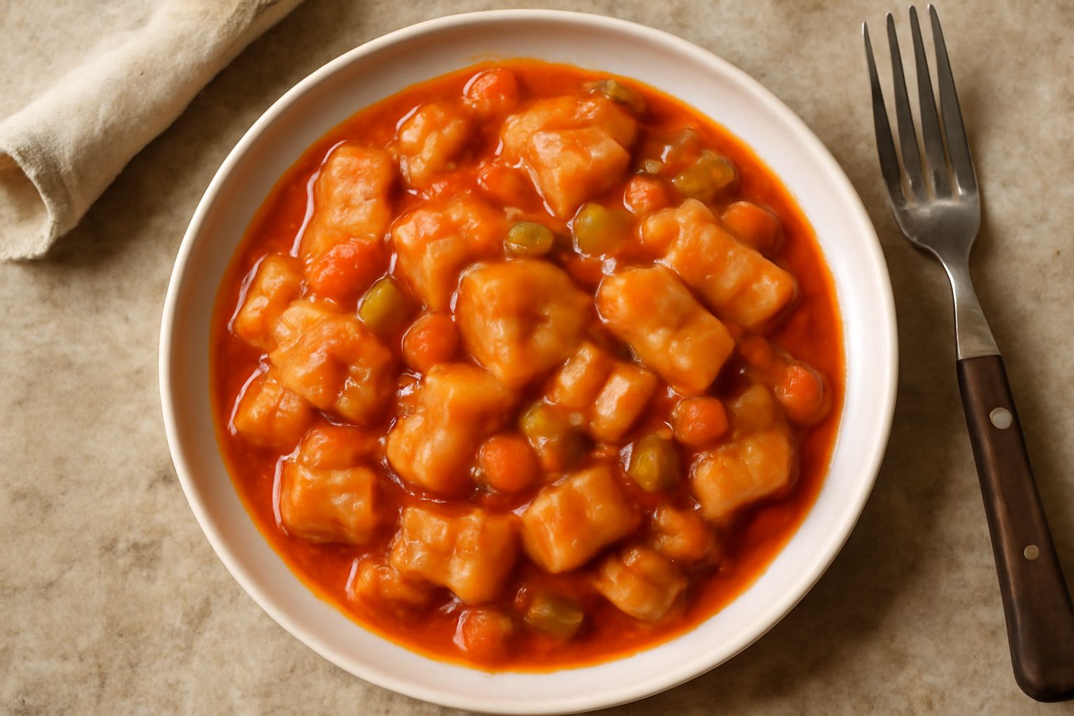Nervetti in salsa serviti in un piatto bianco, pezzi di cartilagine traslucida e morbida immersi in salsa rossa densa con pomodoro, guarniti con prezzemolo fresco, con pane tostato accanto