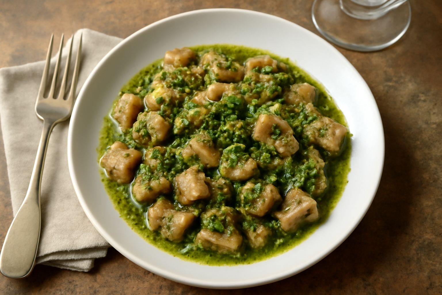Nervetti cotti in un piatto bianco con salsa verde intensamente verde, prezzemolo fresco sparso sopra, aroma di aglio e limone visibile dalla freschezza degli ingredienti