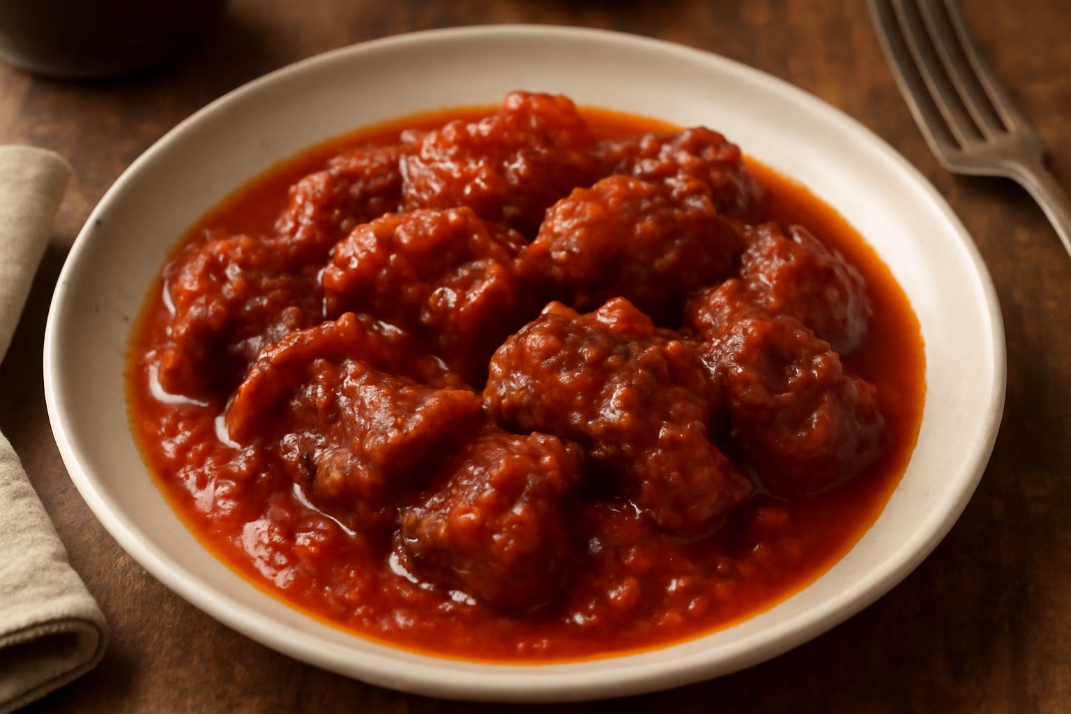 Nervetti in umido in una ciotola di ceramica bianca, pezzi morbidi e rossastri immersi in sugo denso di pomodoro, con cipolla e sedano visibili, contorno di pane tostato