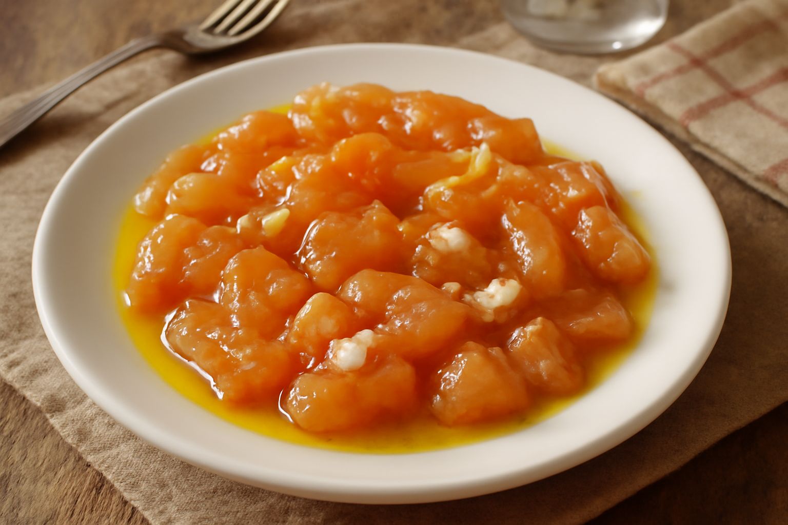 Nervetti freddi in un piatto bianco, con trama gelatinosa trasparente, conditi con olio verde e aceto, accompagnati da cipolla rossa cruda in fette sottili