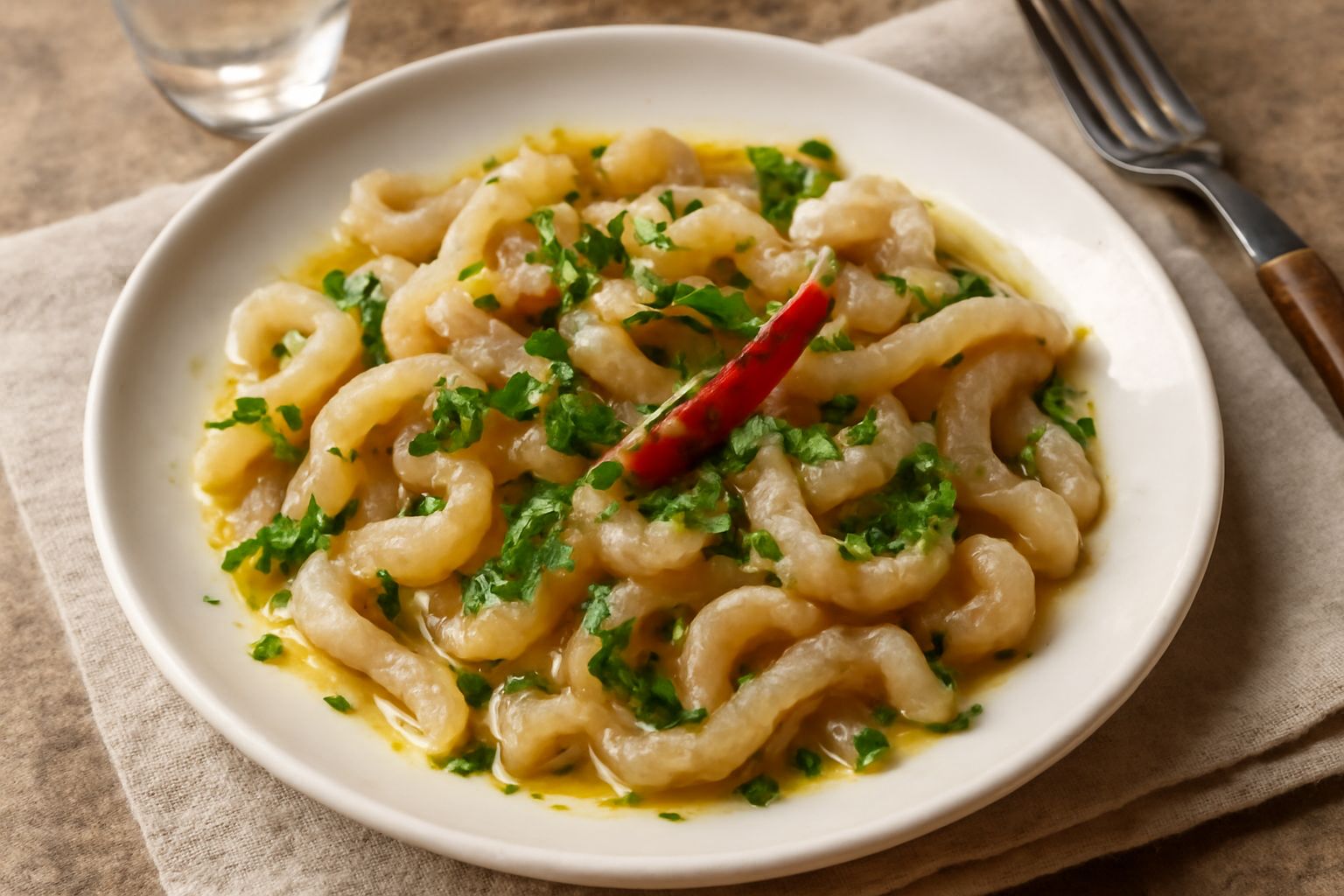 Nervetti trifolati in padella, pezzi di cartilagine bianca e morbida amalgamati con aglio soffritto e prezzemolo verde, colore bruno dorato, presentati in un piatto bianco fondo