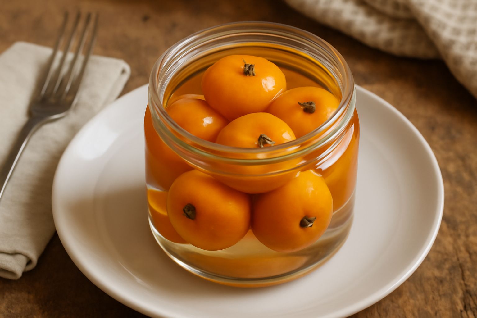 Barattolo di vetro trasparente con nespole arancioni immerse in liquido chiaro, tappo metallico avvitato, su fondo di legno naturale con alcune nespole fresche accanto