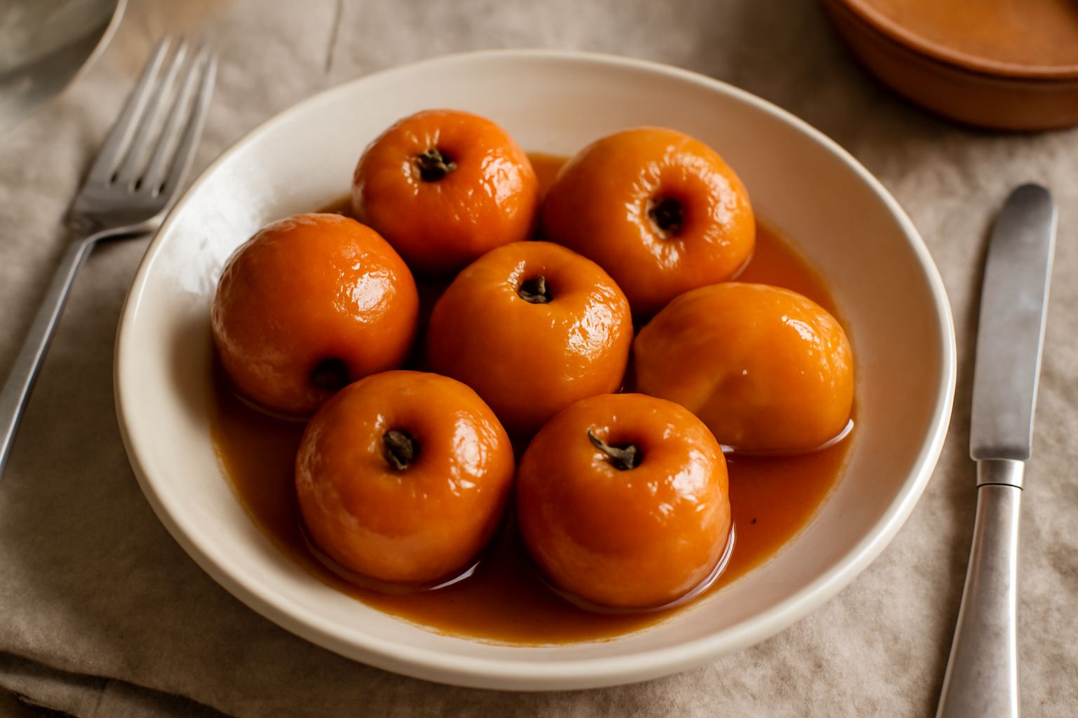 Nespole intere e dorate caramellate in una padella di ferro, con una leggera glassa dorata e lucida intorno, servite in un piatto bianco