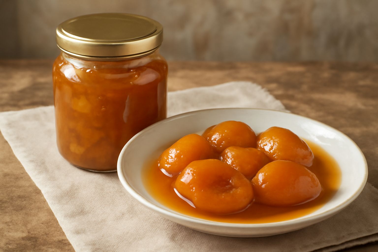 Barattoli di vetro trasparenti pieni di conserva di nespole color ambrato con frutti interi o semidiscioltini visibili al loro interno, coperchi di metallo dorato, su un tavolo di legno chiaro con nes