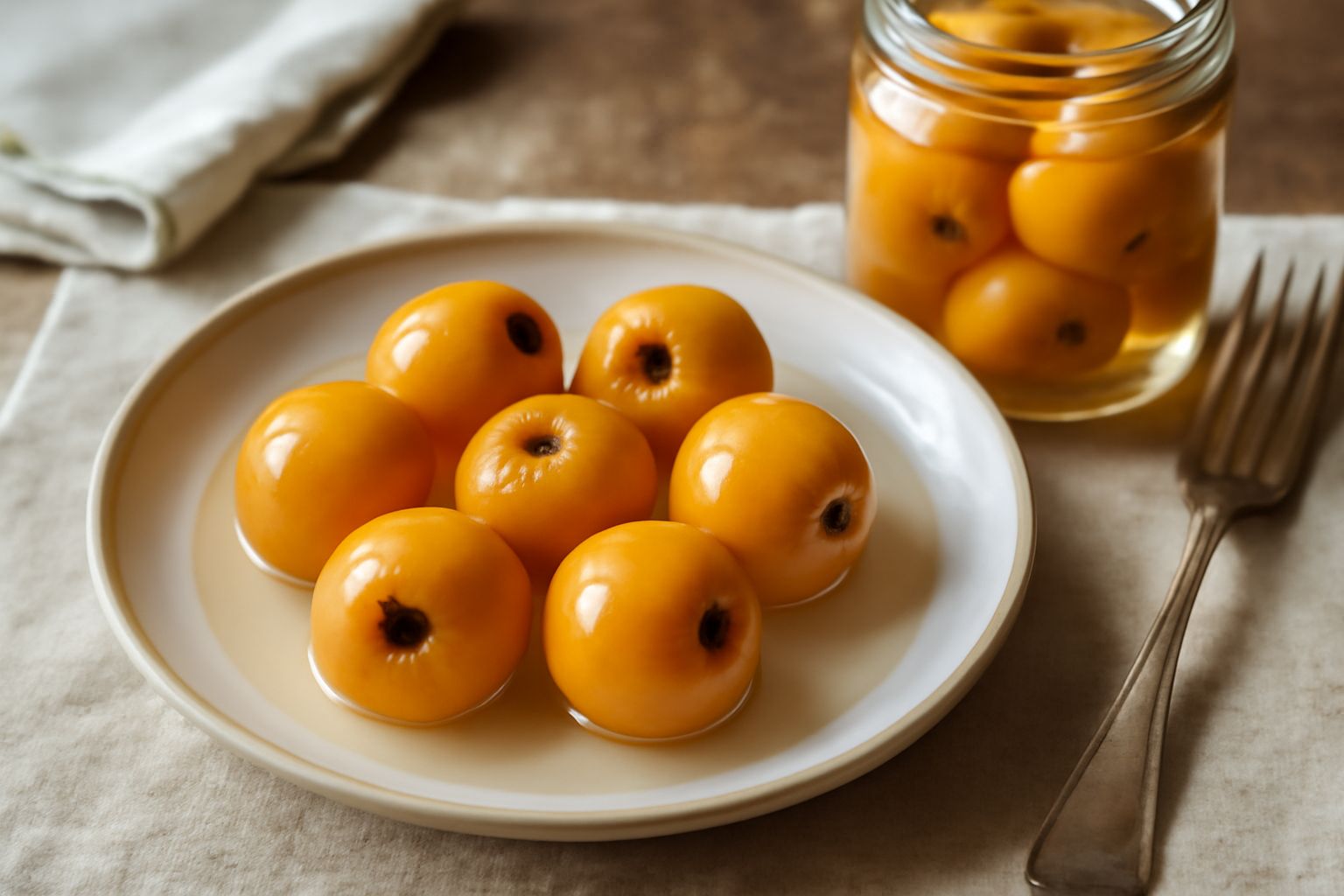 Barattolo di vetro trasparente con nespole intere giallo-arancio immerse in liquido trasparente, su fondo bianco, etichetta bianca legata con spago