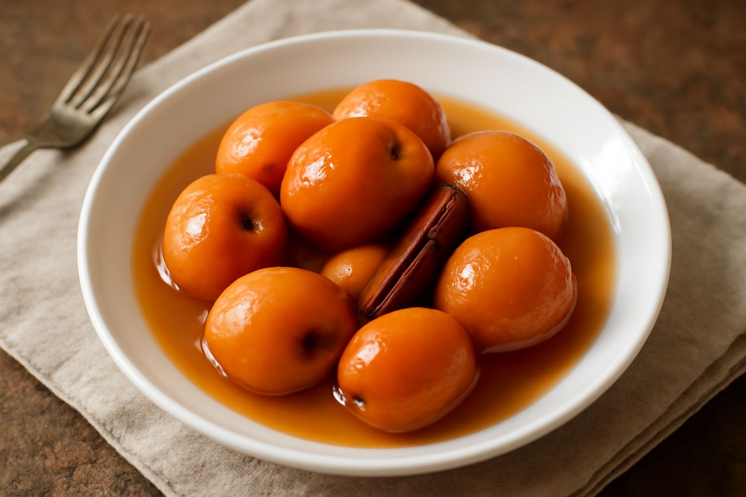 Barattolo di vetro trasparente pieno di nespole intere color arancio scuro immerse in sciroppo trasparente, con spezie visibili e etichetta bianca, su fondo di legno scuro