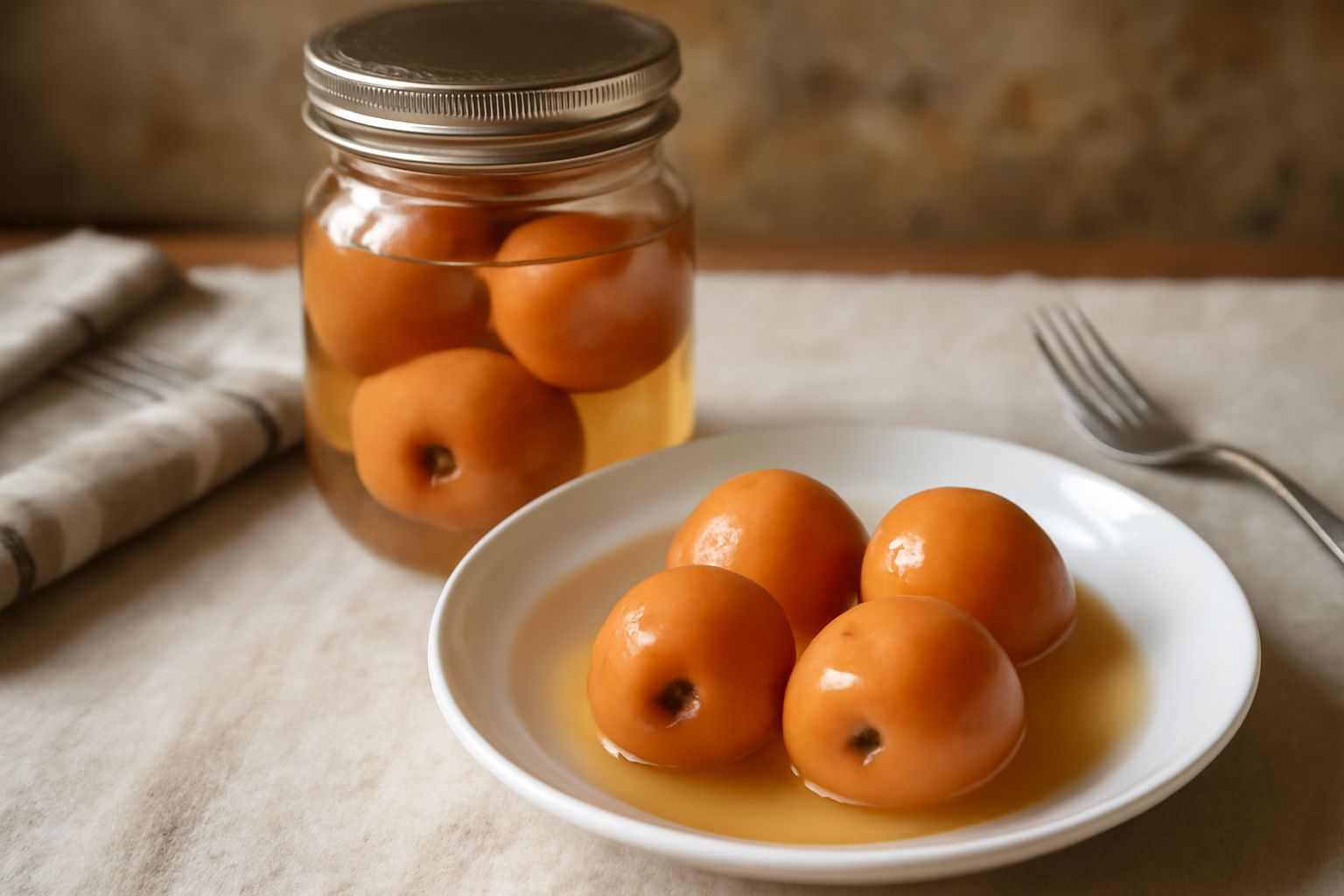 Barattolo di vetro trasparente con nespole intere immerse in liquido dorato e trasparente, frutti color ambra, etichetta bianca, su tavolo in legno con luce naturale
