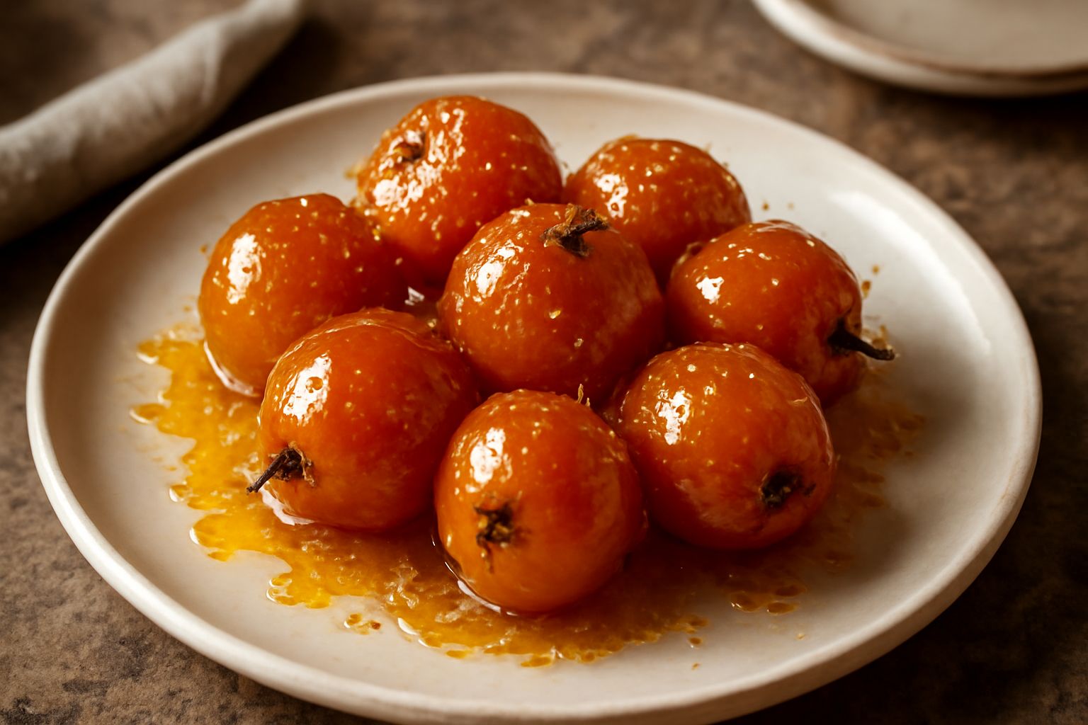 Nespoli caramellati disposti in piatto bianco, ricopti di caramello dorato lucido e croccante, con sfumature ambrate, accanto a pezzi di caramello spezzettato, sfondo chiaro