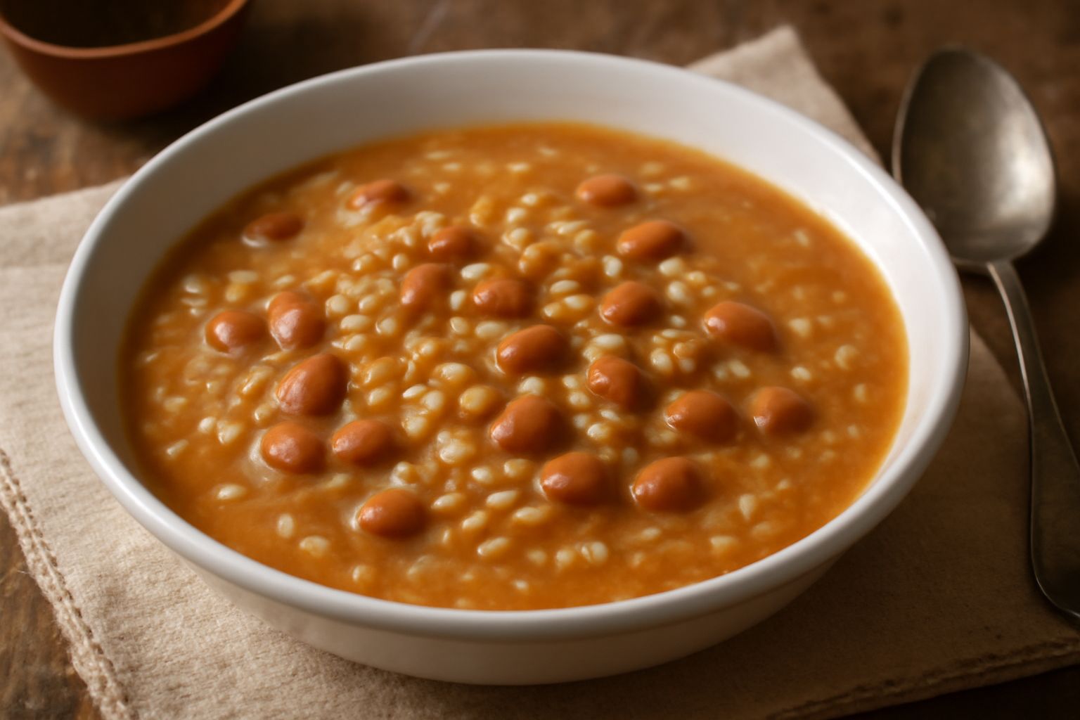 Minestra d'orzo e fagioli in una ciotola di ceramica bianca, brodo denso color ambra, chicchi d'orzo biancastri e fagioli rossi o cannellini visibili in superficie, con un filo d'olio extra vergine e 