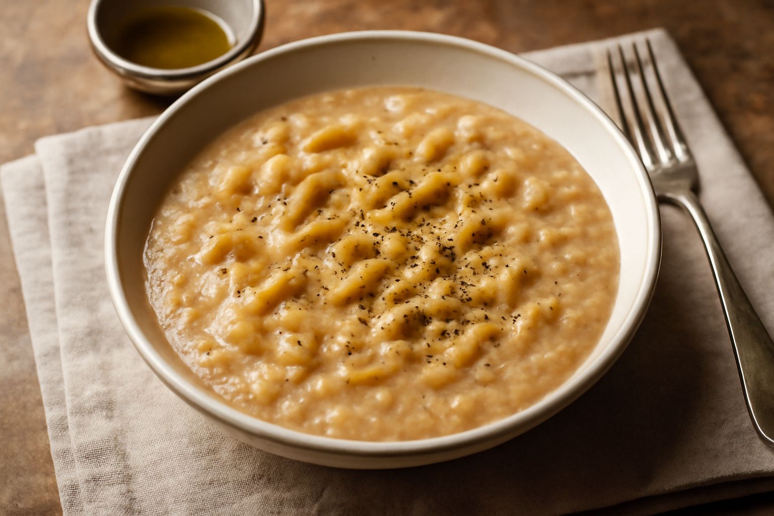 Piatto fondo di «nnacate» cremose color beige e marrone, con pasta spezzata visibile, condite con filo di olio verde e pepe nero, contorno di pane tostato