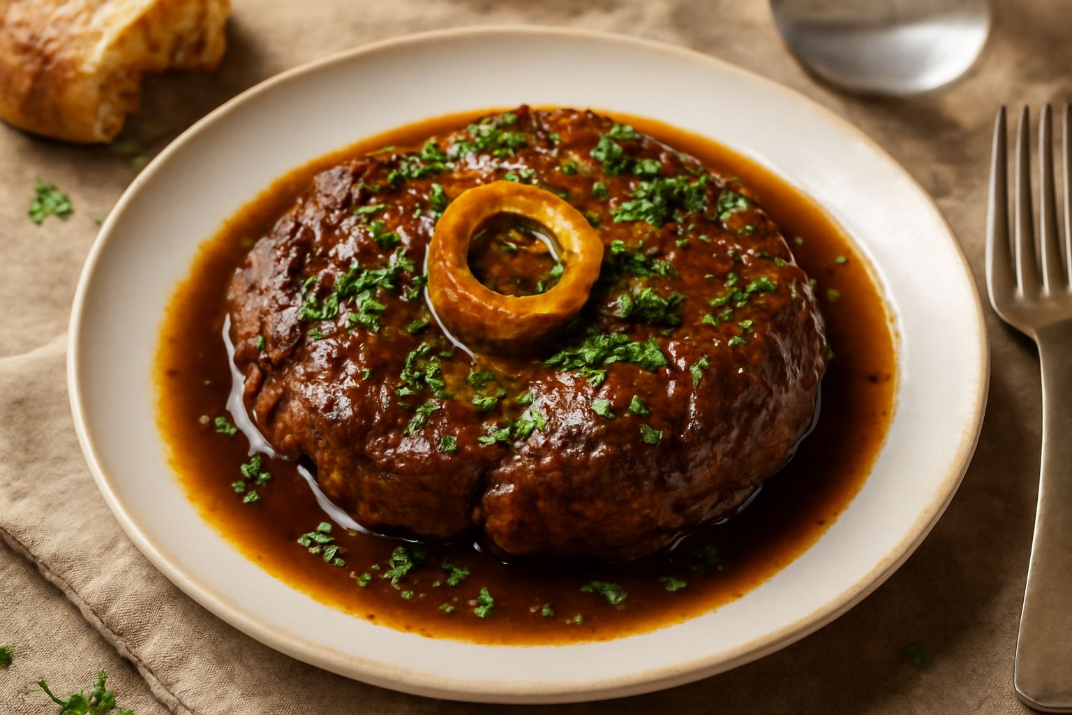 Ossobuco di vitello in umido su fondo bianco, carne scura intorno all'osso, sugo marrone scuro che ricopre il pezzo, guarnito con prezzemolo fresco verde