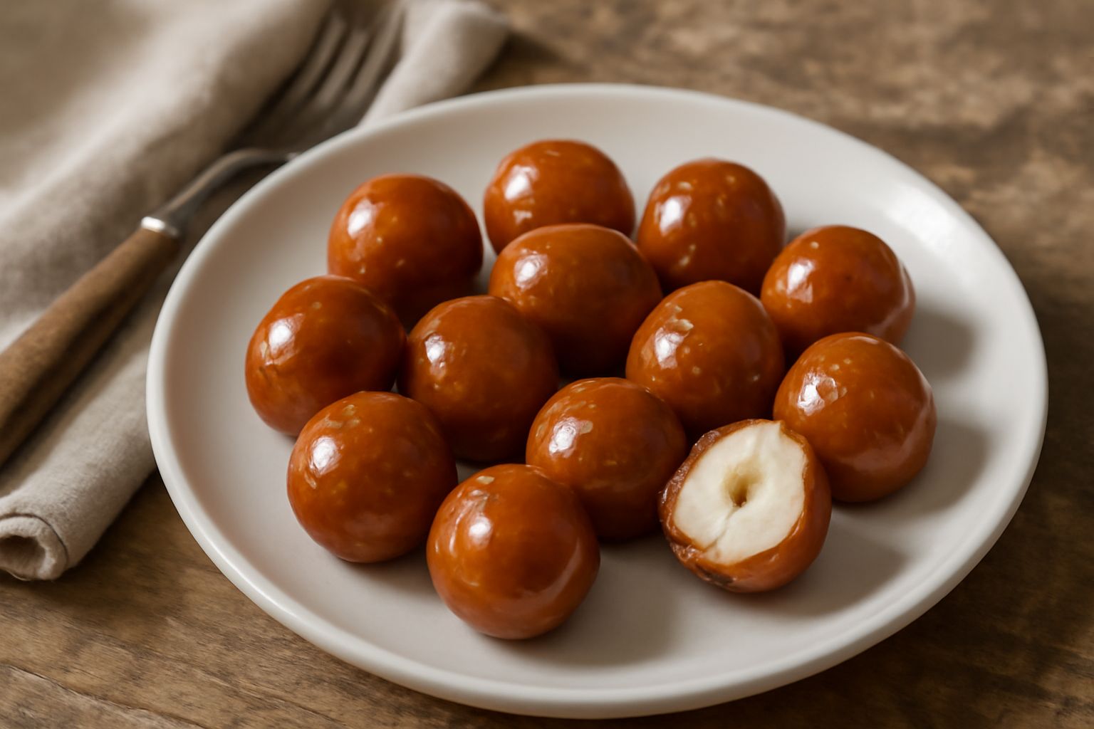 Nocciole caramellate dorate e lucide sparse su carta antiaderente bianca, con alcuni pezzi di caramello spezzato tra loro, colore marrone chiaro uniforme