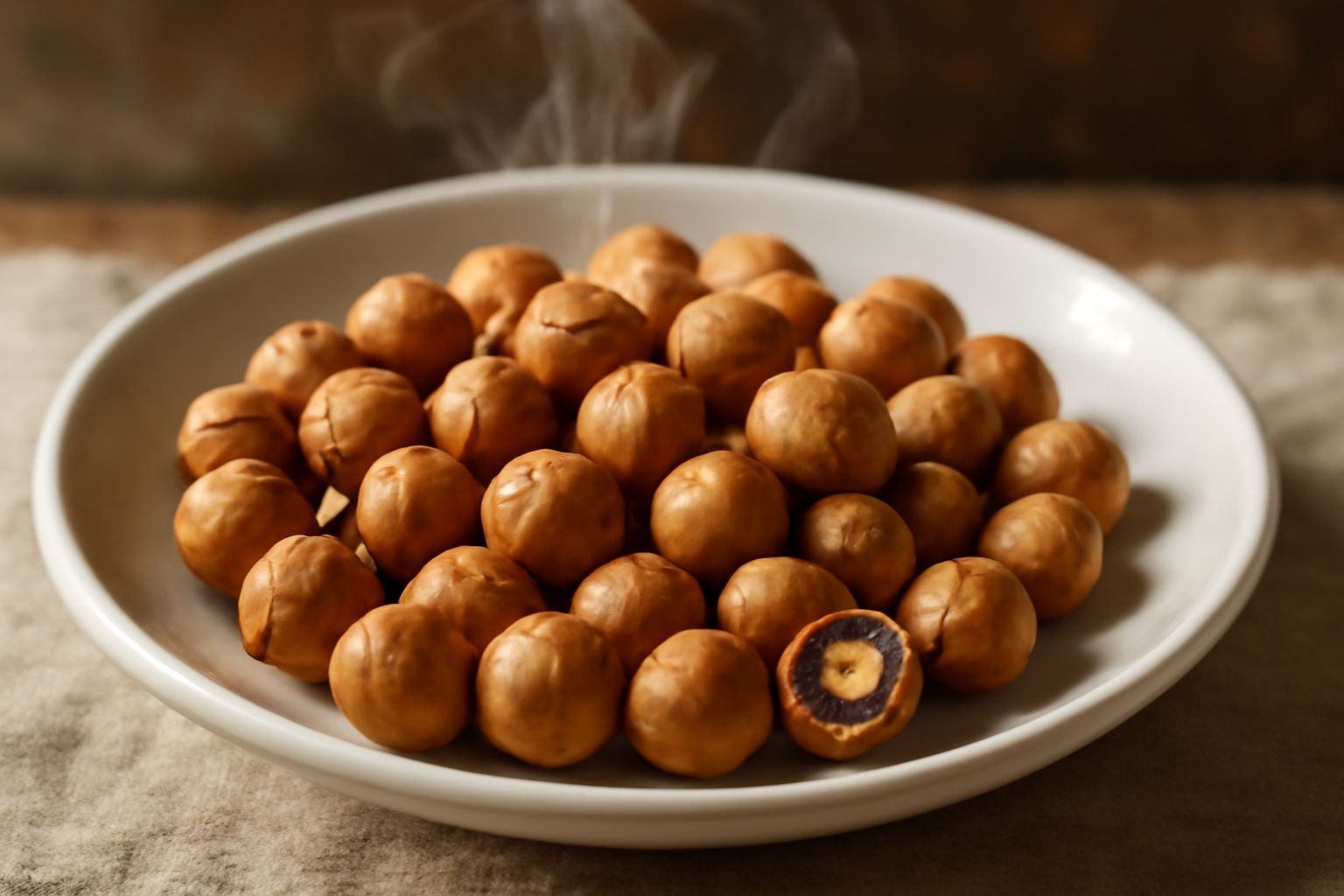 Nocciole piemontesi crude e tostate insieme su un tavolo di legno chiaro, alcune sgusciate a metà, altre intere con guscio marrone scuro, in luce naturale