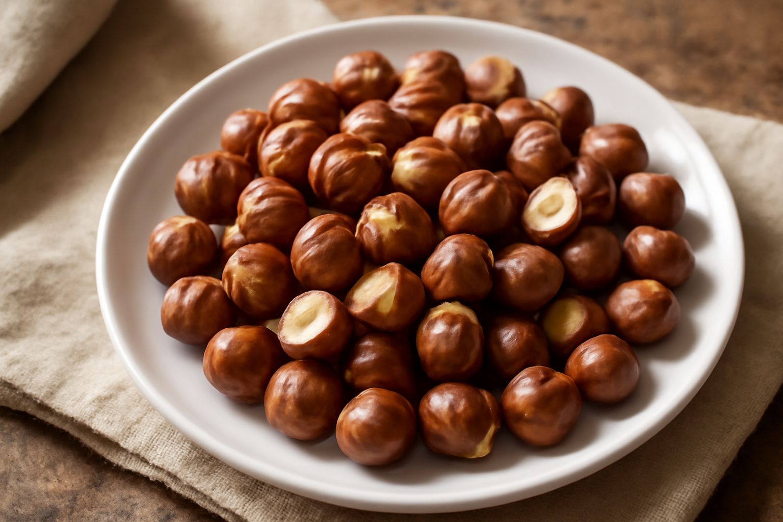 Nocciole tostate color marrone scuro con buccia striata, alcune intere altre sgusciate, sparse su un piatto bianco di ceramica con sfondo neutro sfuocato