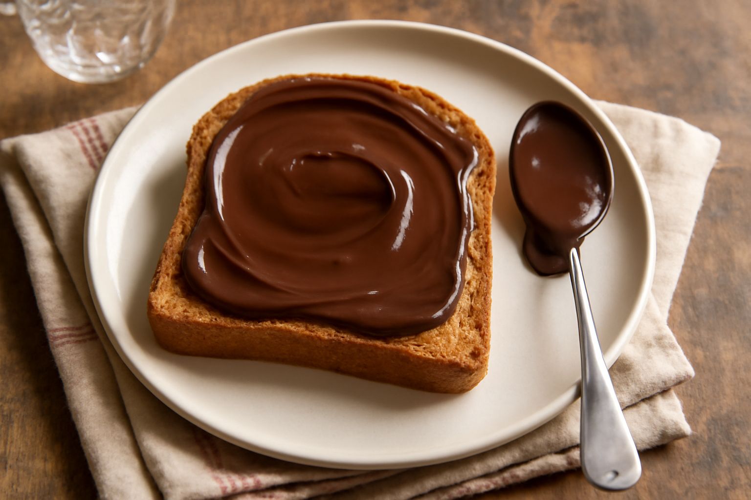 Nocciolata marrone scuro cremosa in un barattolo di vetro, spalmata su una fetta di pane tostato, con nocciole intere e polvere di cacao sparsi accanto