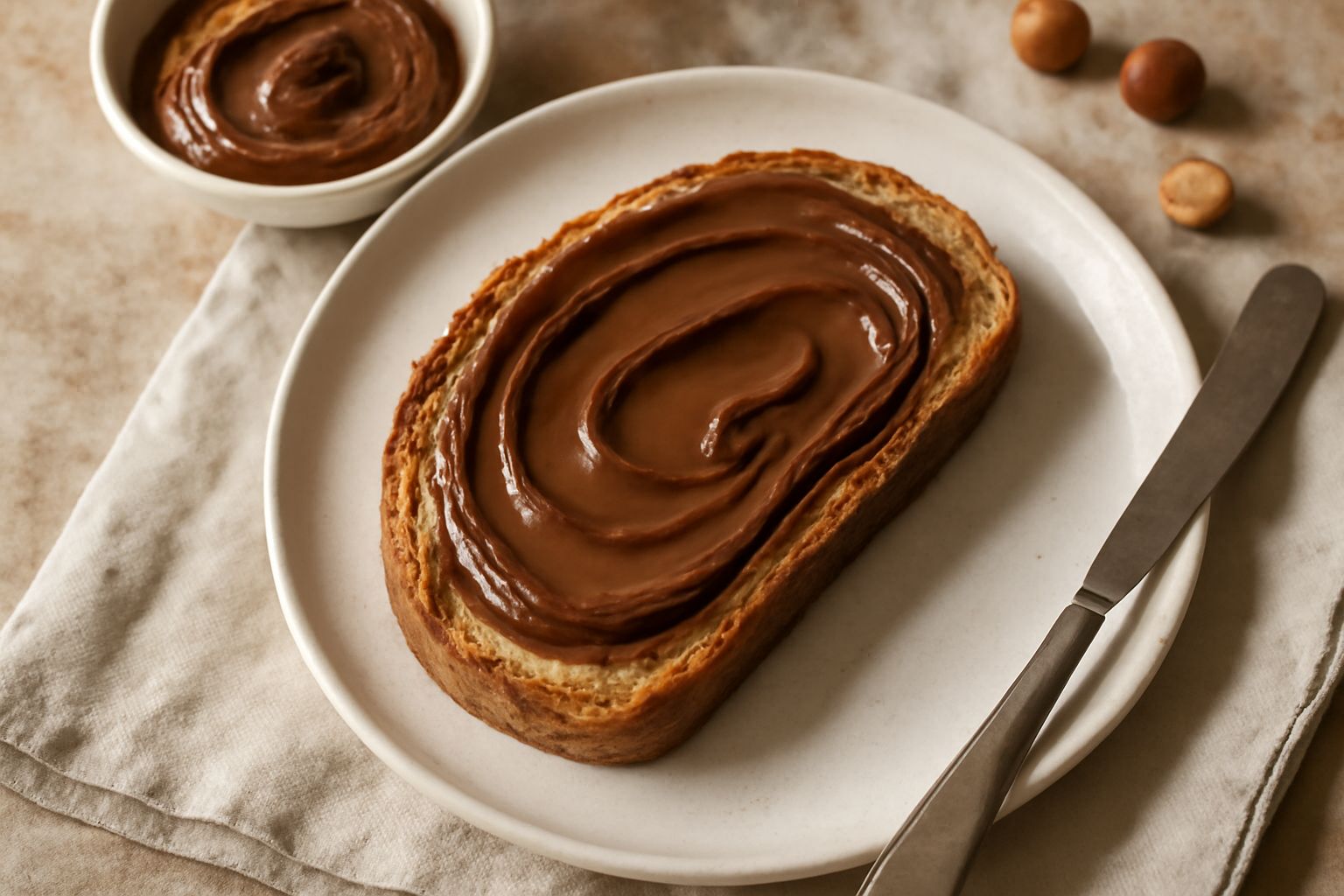 Nocciolata piemontese color marrone scuro e cremosa spalmata su fetta di pane tostato, con alcuni gherigli di nocciola interi sparsi accanto e un cucchiaio di legno in primo piano