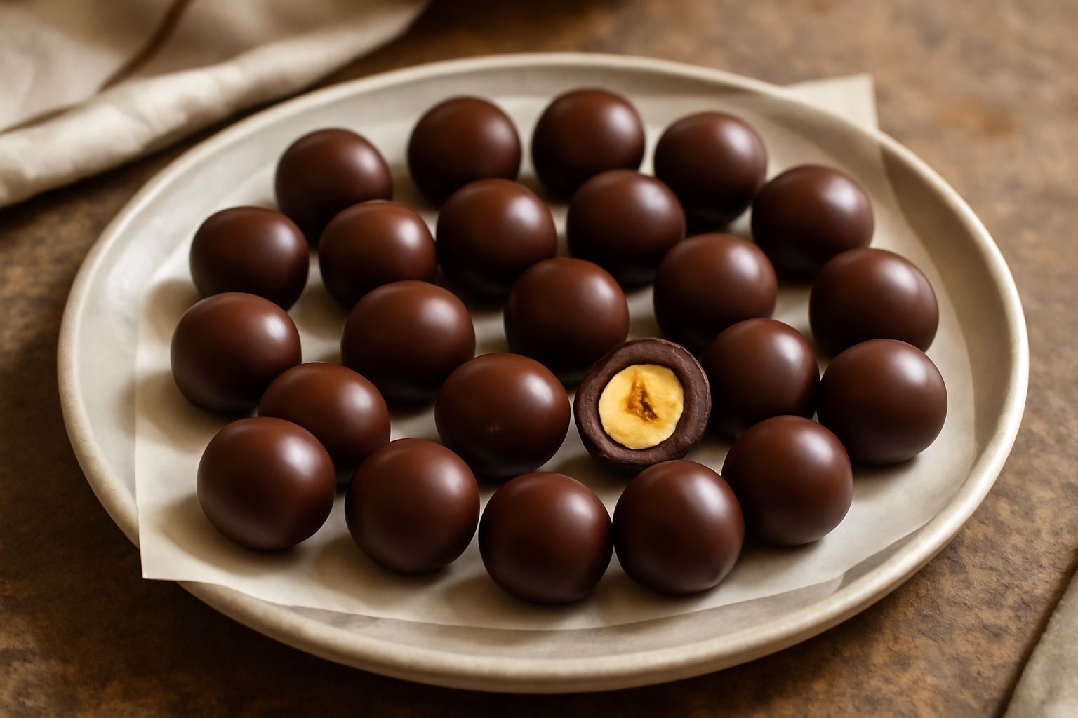 Nocciole ricoperte di cioccolato fondente lucido disposte su carta da forno bianca, alcune rotte a metà per mostrare la nocciola croccante all'interno, sfondo neutro grigio.