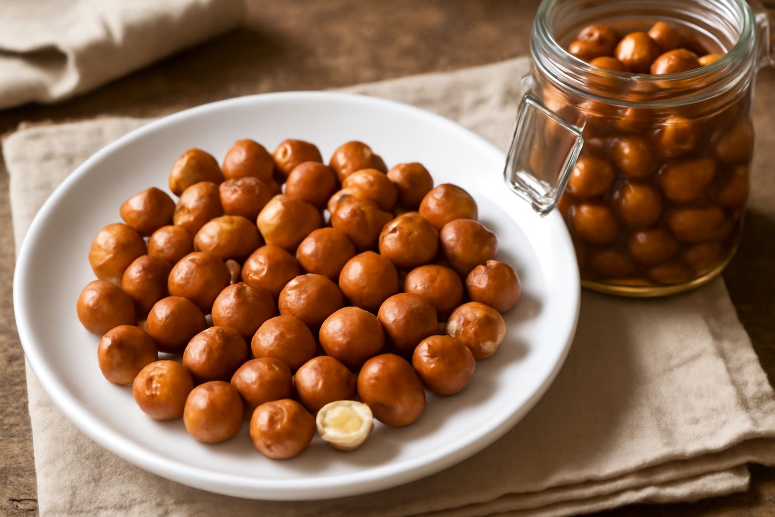 Nocciole tostate dorate e lucide in un barattolo di vetro trasparente con coperchio ermetico, alcune sparse su un piatto accanto, sfondo neutro e luci calde