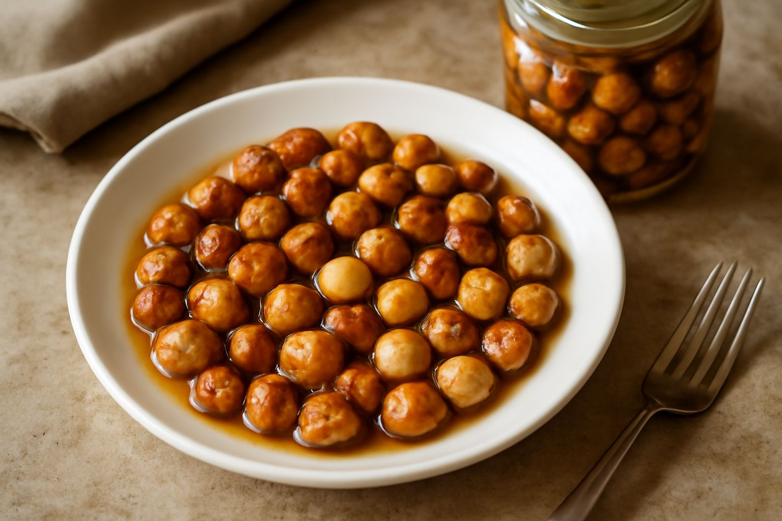 Barattolo di vetro con nocciole tostate color nocciola, croccanti e lucide, sparse su piatto bianco con alcune pelate accanto