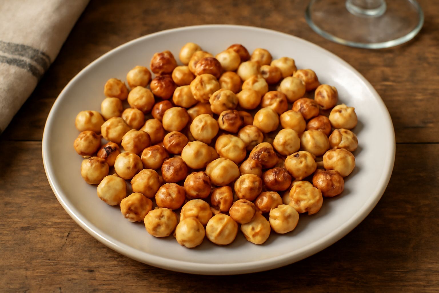 Nocciole tostate dorate e croccanti in una ciotola di ceramica bianca su sfondo di legno chiaro, con qualche nocciola sparsa accanto