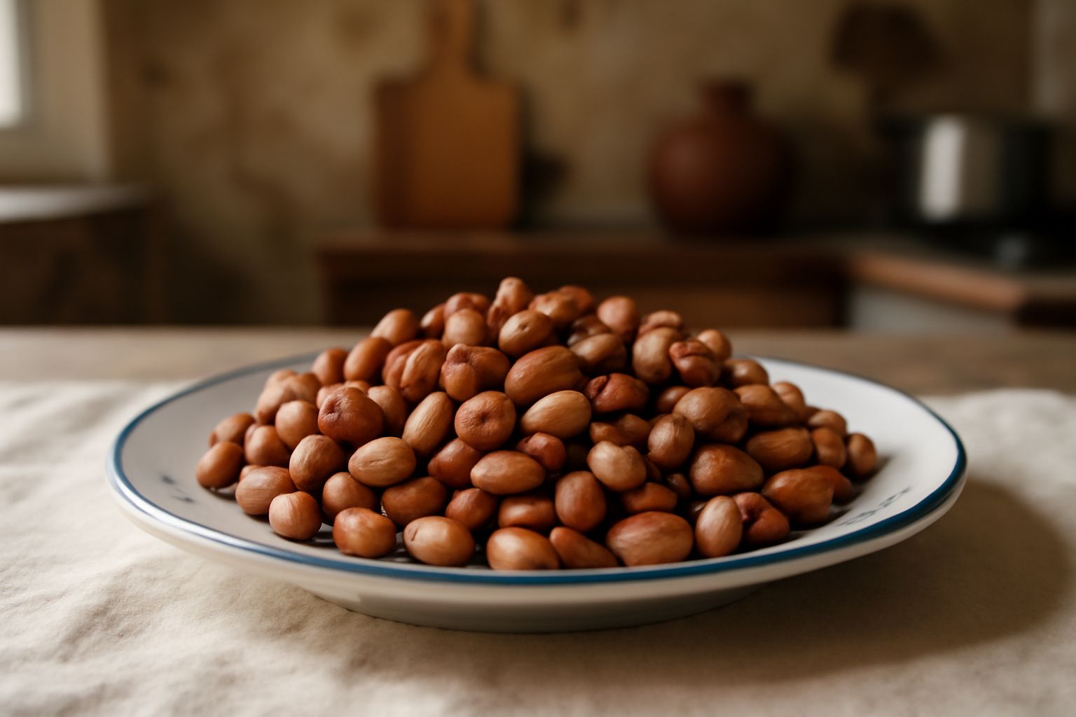 Noccioline tostate dorate e croccanti in una ciotola di ceramica bianca su un tavolo di legno, con qualche nocciolina sparsa accanto