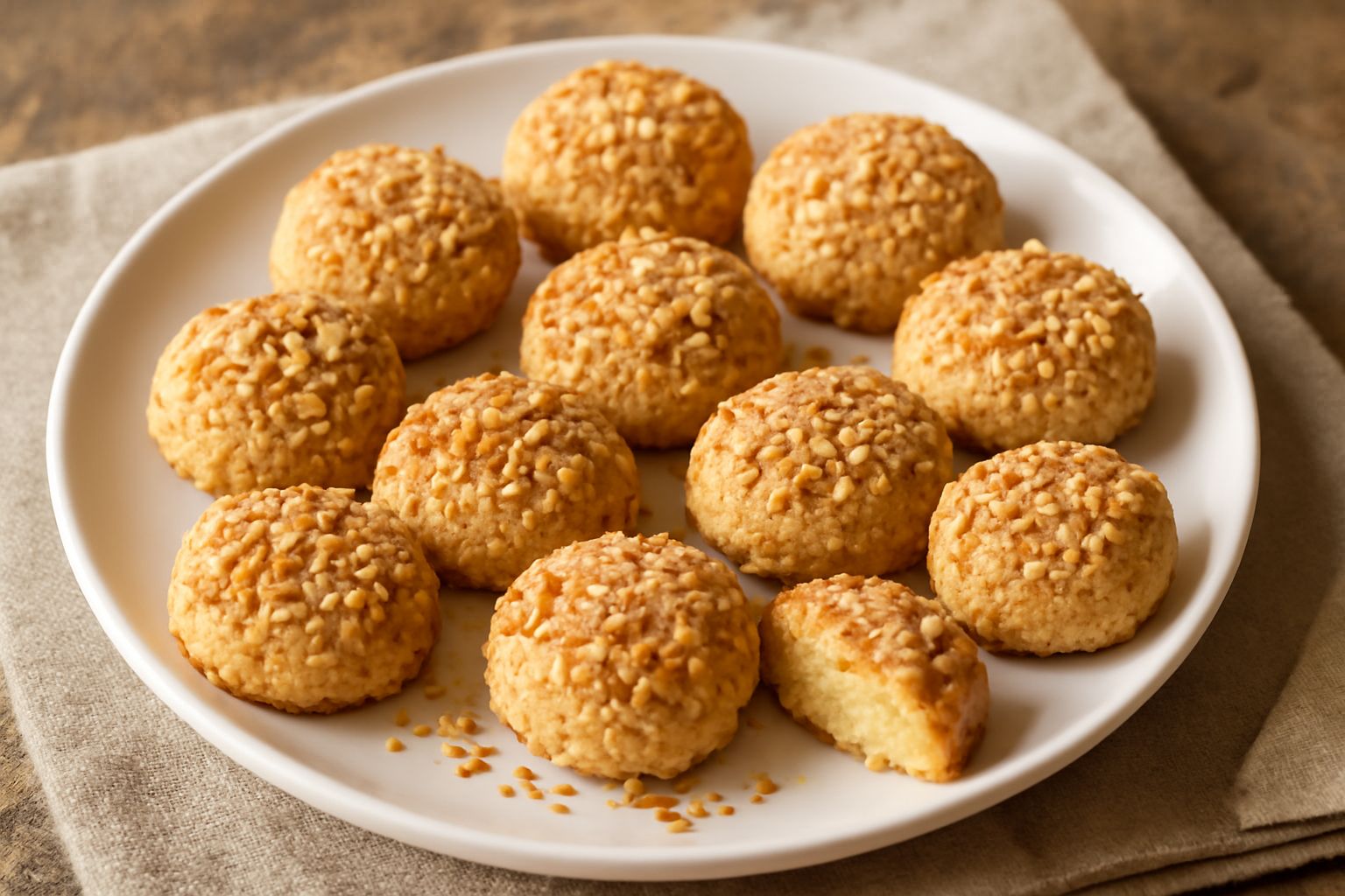 Nocciolini di Chivasso disposti su un piatto bianco, biscotti tondi e dorati con visibile la granella di nocciola tostata sulla superficie, sfondo neutro