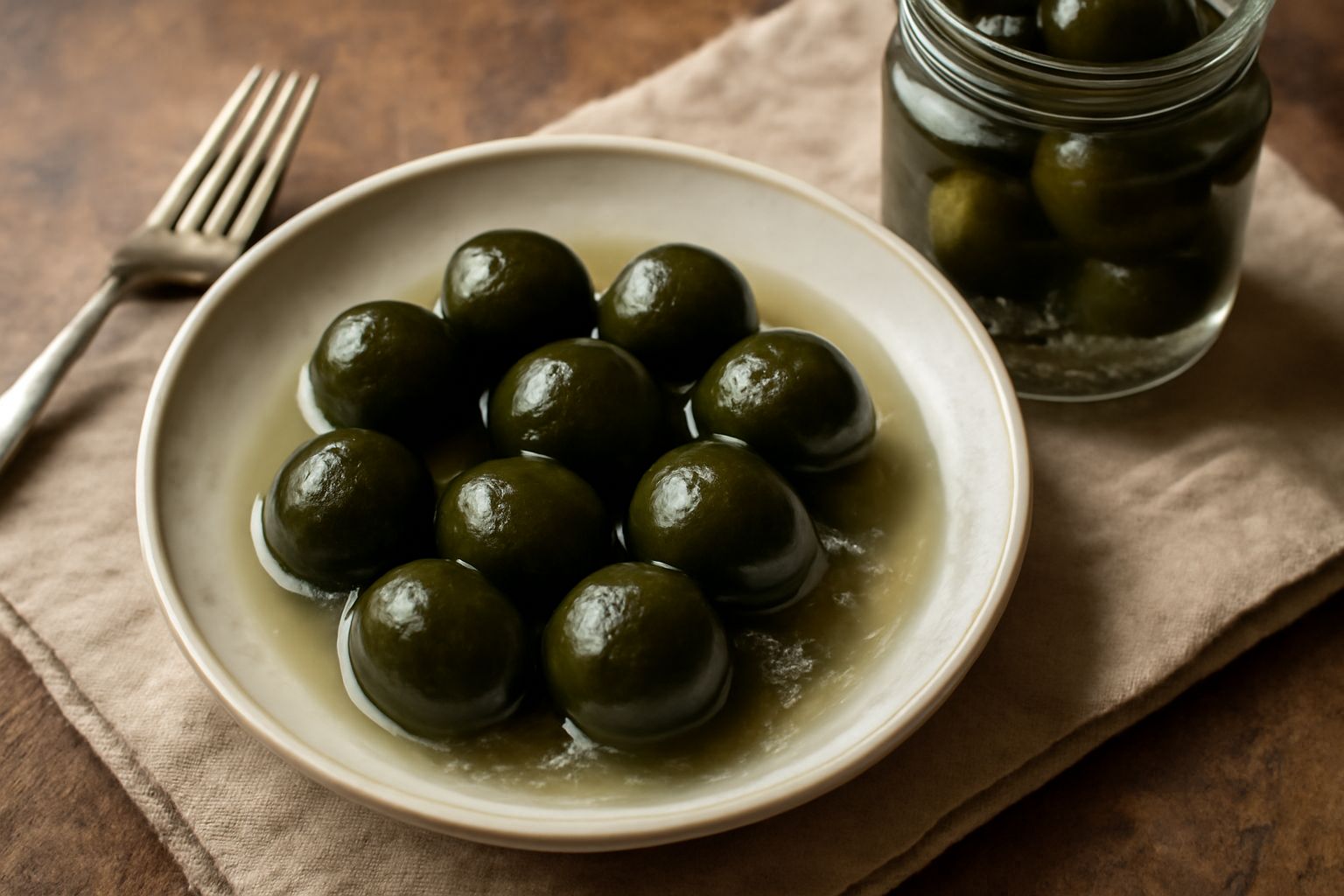 Barattolo di vetro con noci verdi sotto sale, immerse in salamoia trasparente, chiuso con coperchio, su uno sfondo di legno naturale con una noce intera accanto