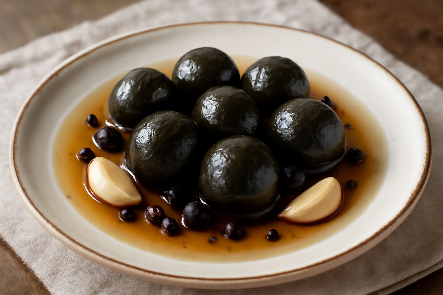 Vasetto di vetro trasparente con noci acerbe intere immerse in liquido trasparente color ambra, con chicchi di pepe nero e spezie visibili, su un piano di legno naturale con foglie di noce fresca acca