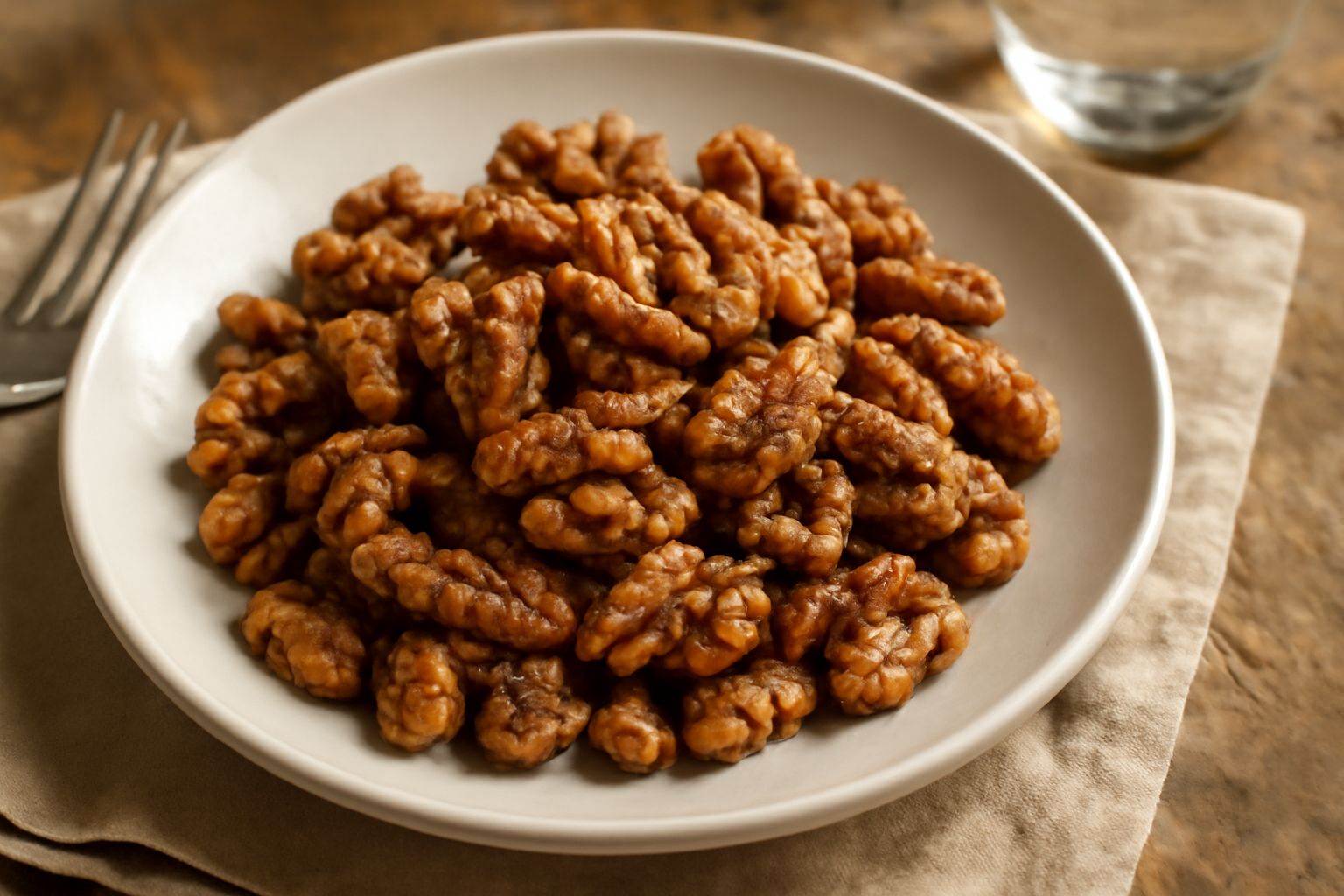 Noci tostate dorate in una ciotola di ceramica bianca, cosparse di sale grosso, con spezie visibili sulla superficie e qualche filo di rosmarino fresco accanto