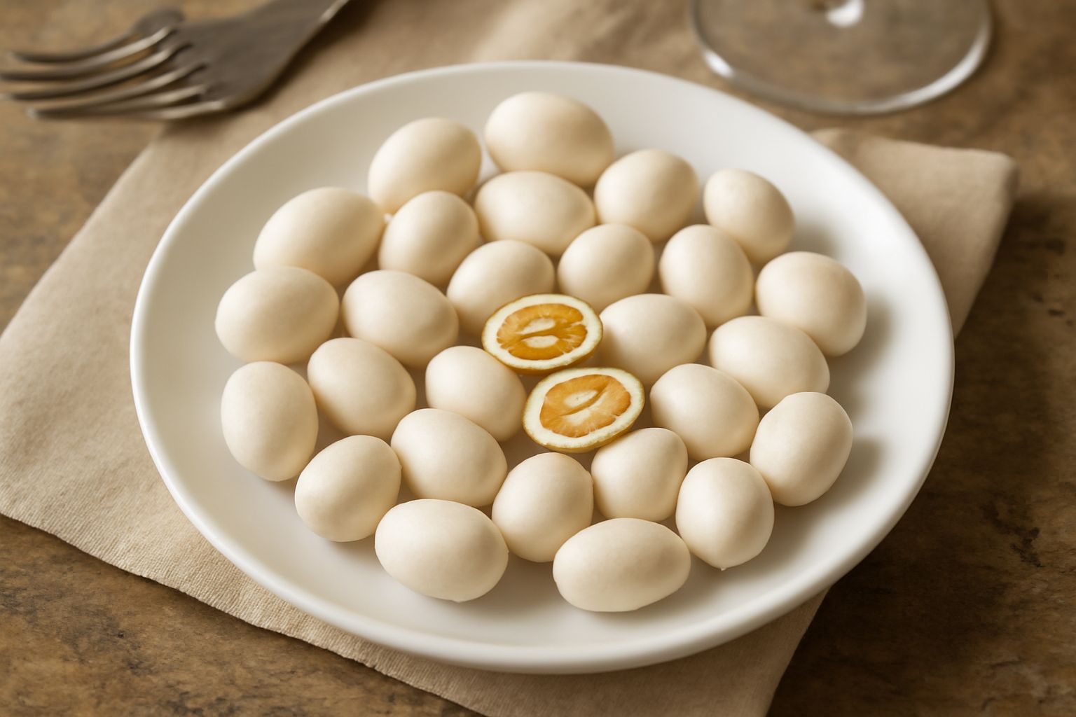 Noci intere rivestite di zucchero cristallino bianco e trasparente, accaccate di cannella e chiodi di garofano, disposte su una carta forno. Alcuni frutti mostrano il contrasto tra il rivestimento luc