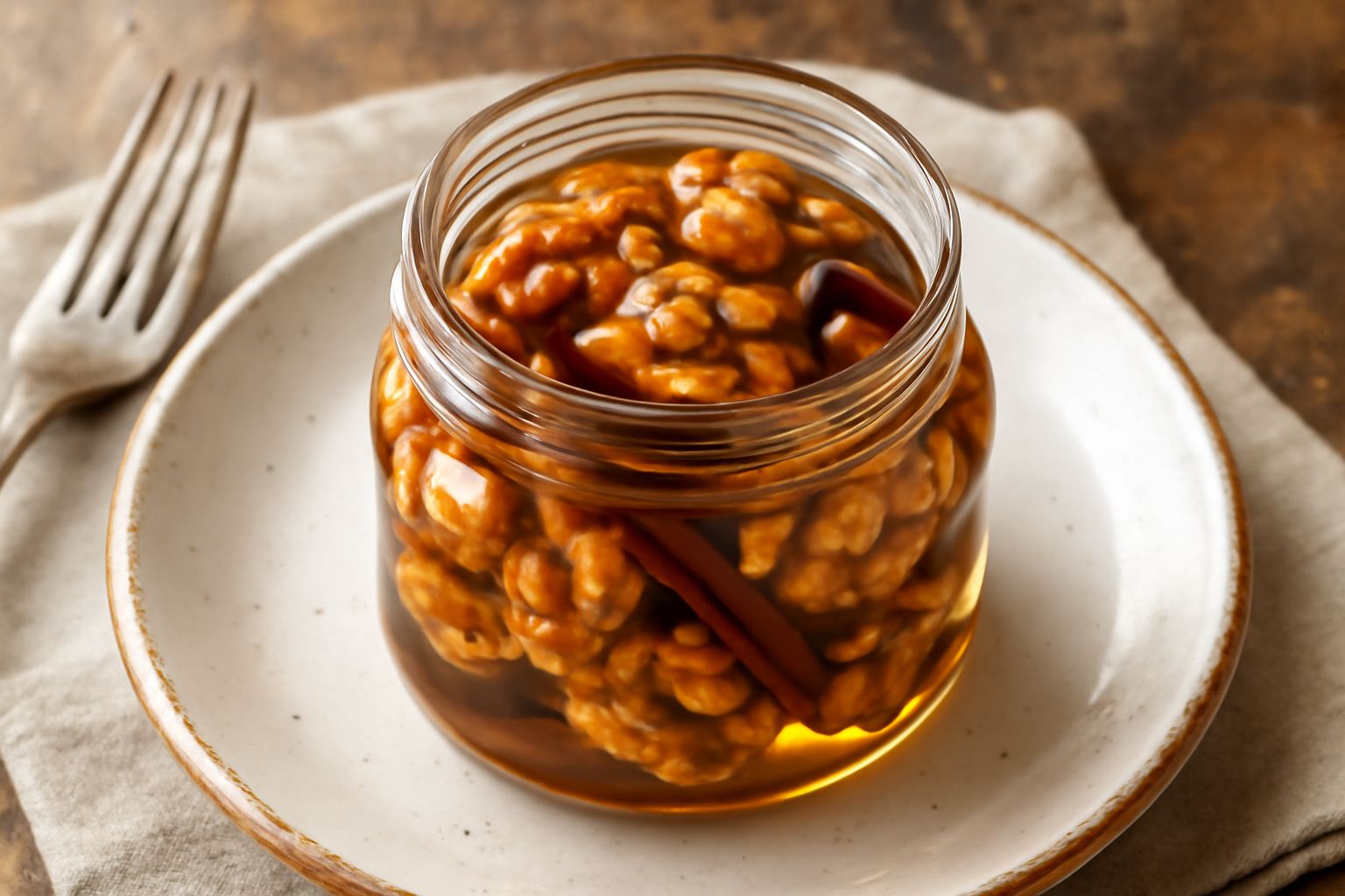 Barattolo di vetro riempito di noci intere immerse in miele dorato trasparente, con una stecca di cannella, pepe nero e una fogliolina di alloro visibili tra i frutti, su sfondo neutro chiaro