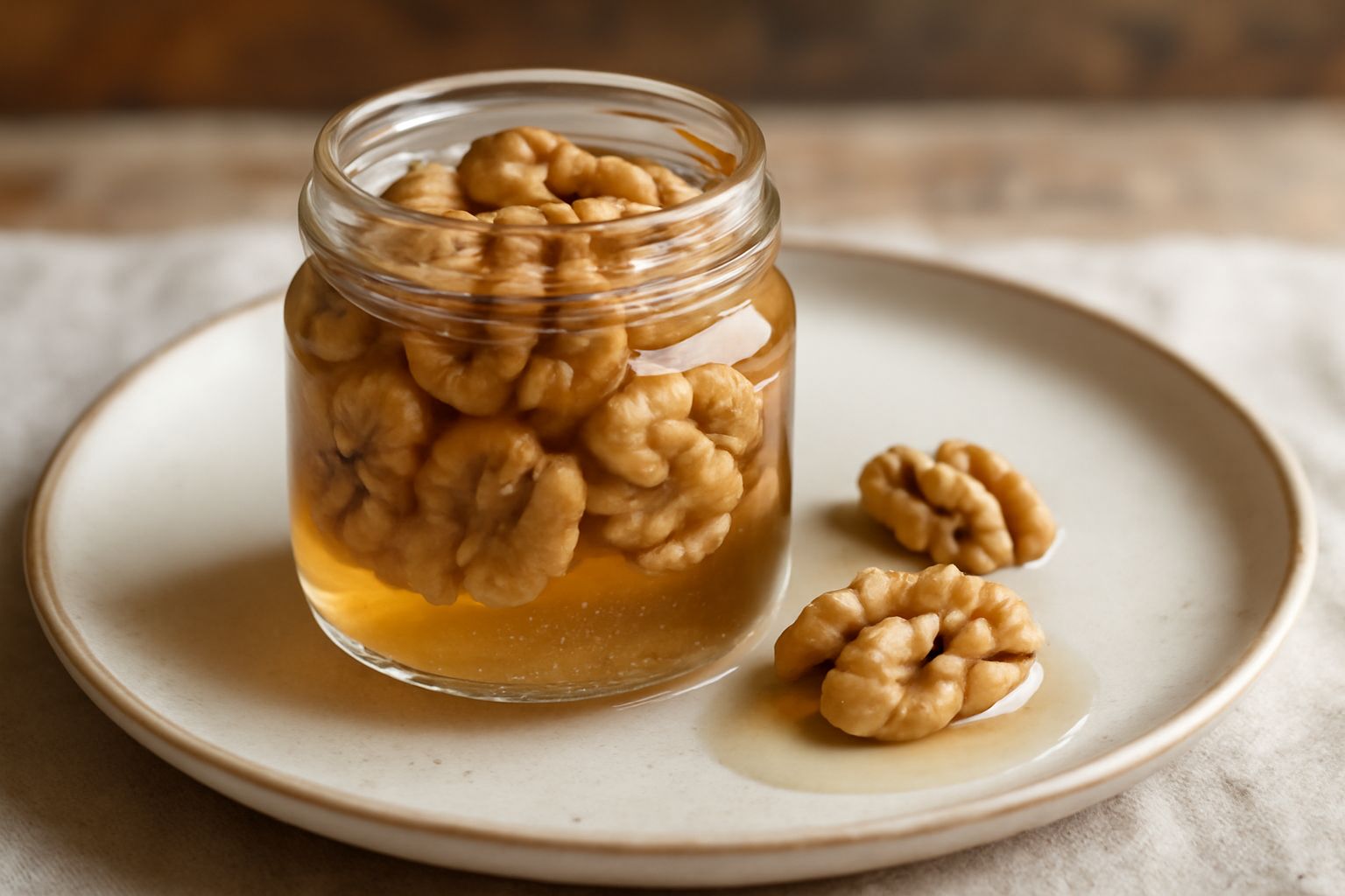 Vasetto di vetro trasparente con noci intere coperte da sciroppo trasparente e dorato, nocciole visibili attraverso il vetro, fondo di zucchero cristallizzato leggero, tappo di metallo cromato, posato