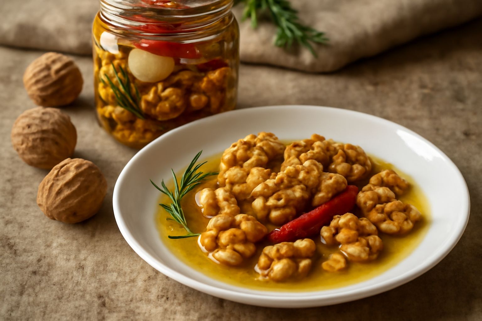 Vasetto di vetro trasparente con noci intere e spezzate sommerse in olio dorato, con spicchi di aglio bianco, rametti di rosmarino fresco e grani di pepe nero visibili nel liquido