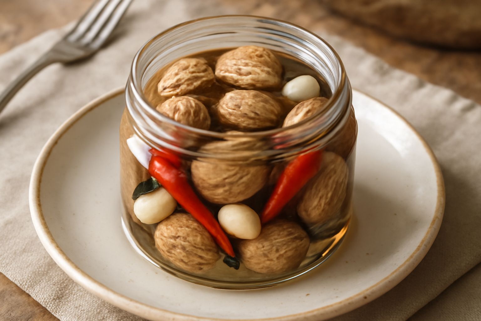 Noci intere e croccanti immerse in aceto trasparente con chiodi di garofano, peperoncini rossi interi e spicchi d'aglio, in un vaso di vetro trasparente con coperchio, su fondo bianco.